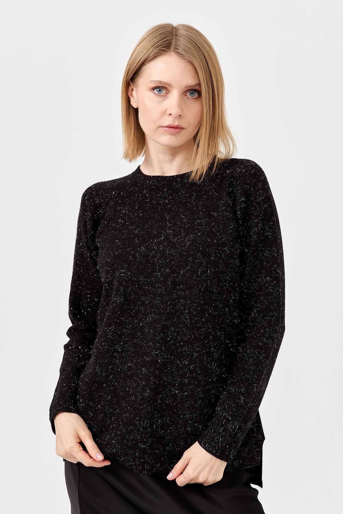 23150Kadın Sıfır Yaka Pirinç Örgü Bluz Siyah