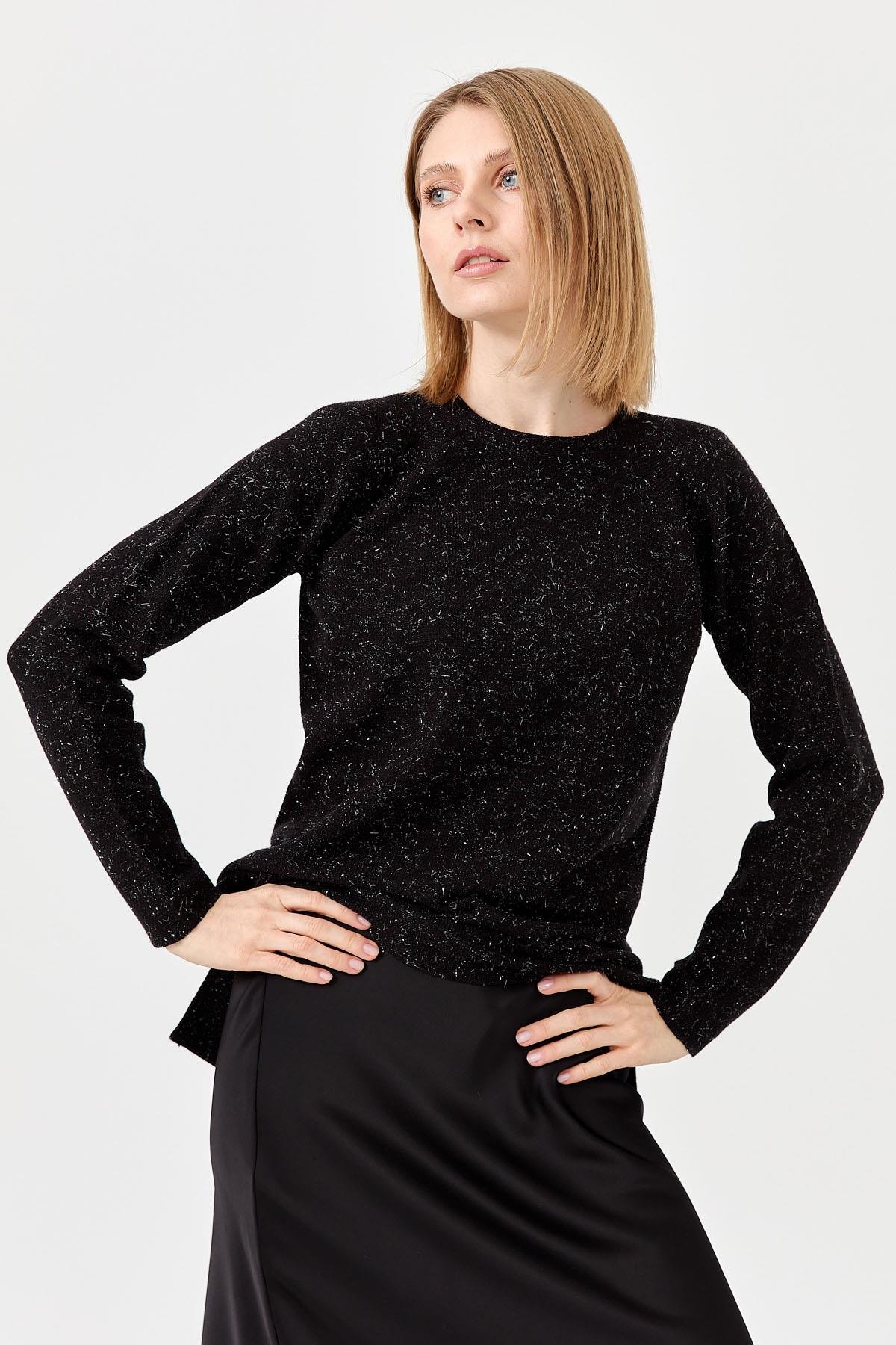 23150Kadın Sıfır Yaka Pirinç Örgü Bluz Siyah
