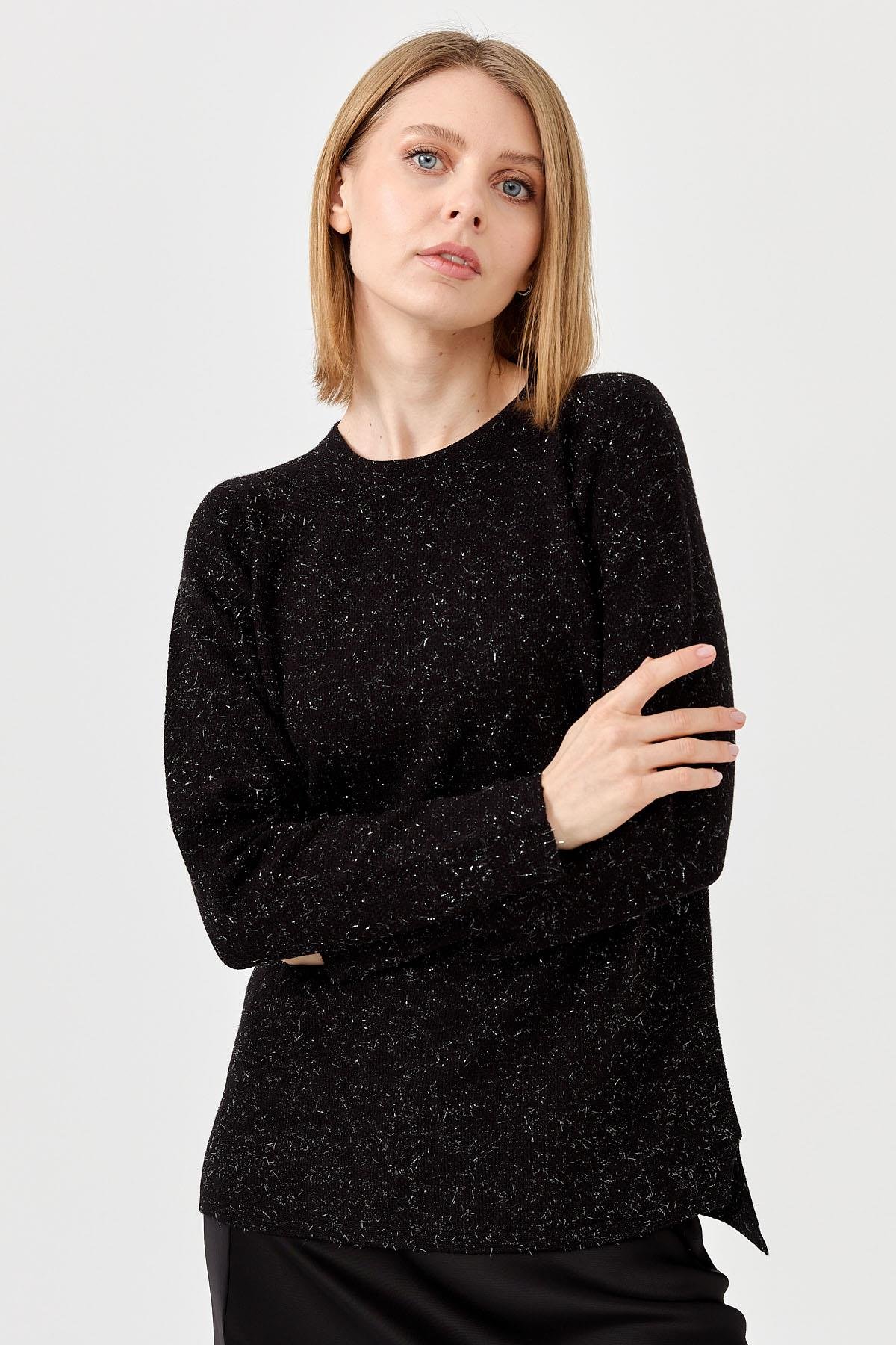 23150Kadın Sıfır Yaka Pirinç Örgü Bluz Siyah