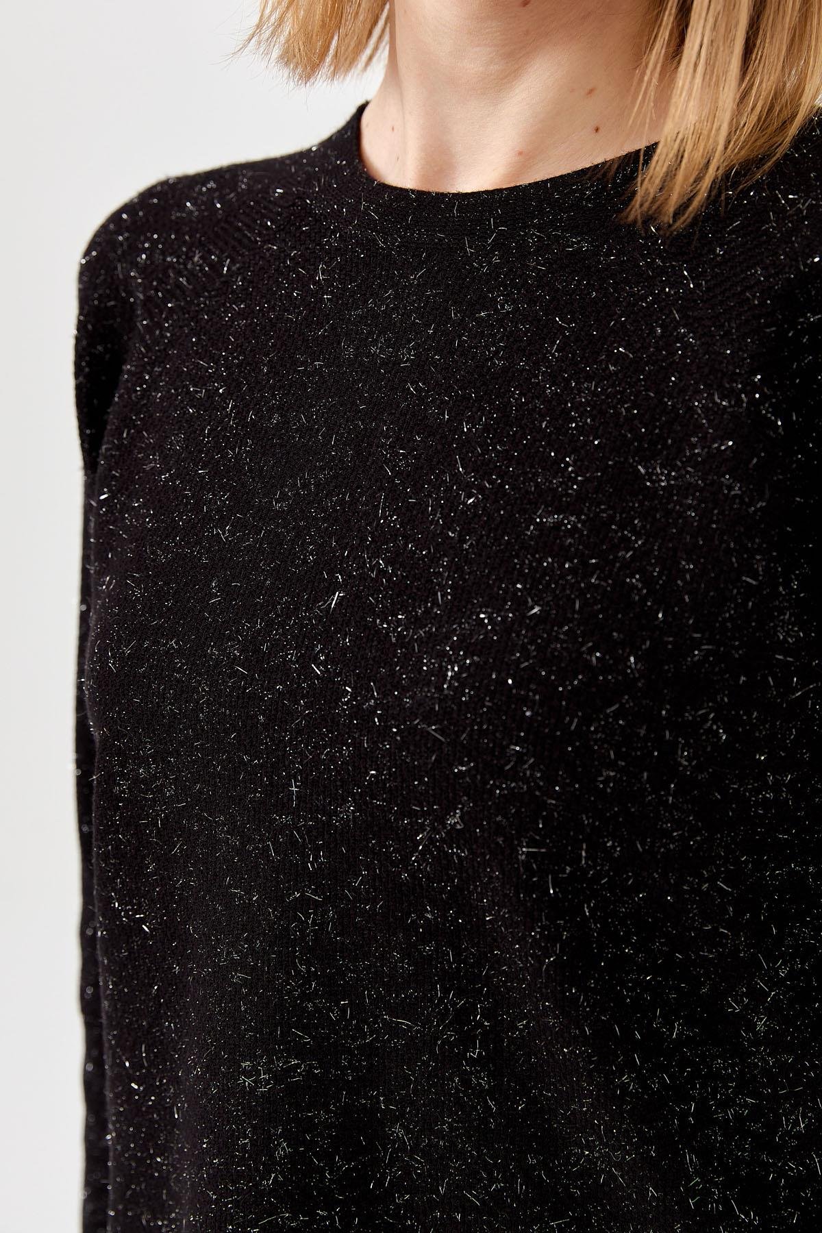 23150Kadın Sıfır Yaka Pirinç Örgü Bluz Siyah