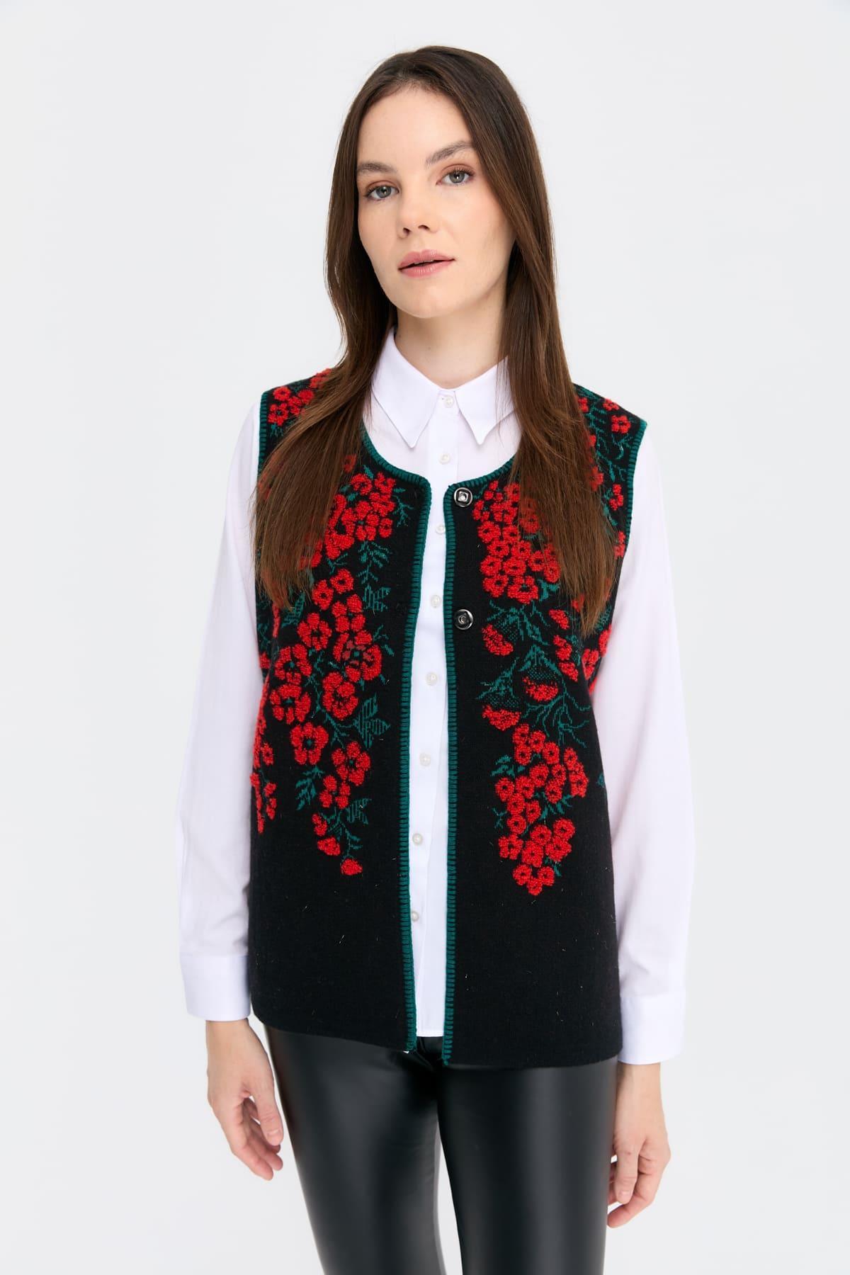 24117Kadın Sıfır Yaka Pıtırcık Çiçekli Yün Yelek Siyah