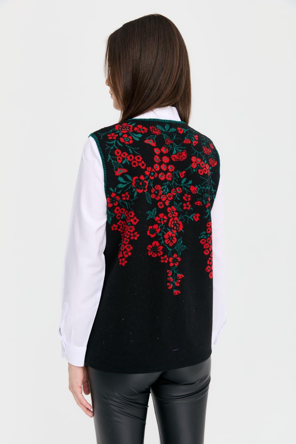 24117Kadın Sıfır Yaka Pıtırcık Çiçekli Yün Yelek Siyah