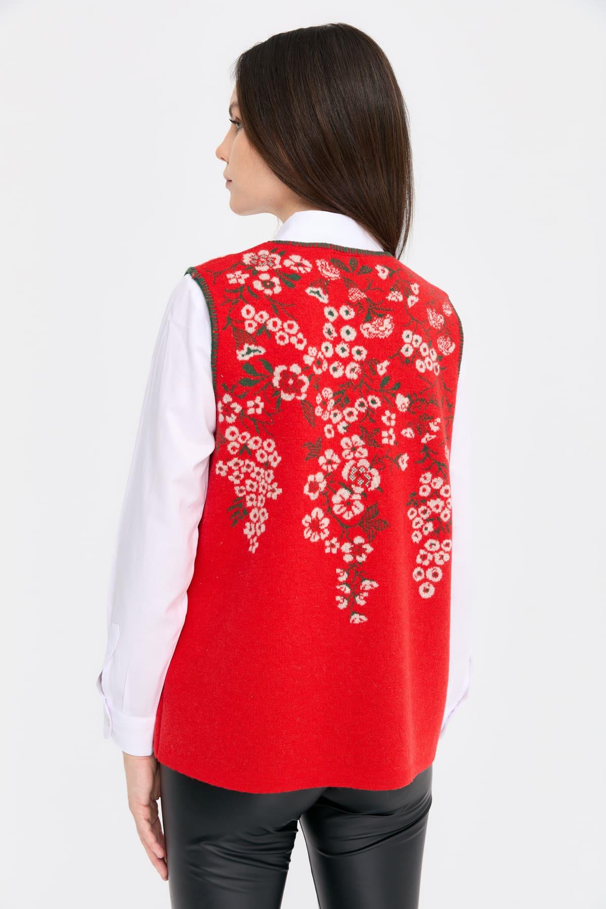 24117Kadın Sıfır Yaka Pıtırcık Çiçekli Yün Yelek Mercan