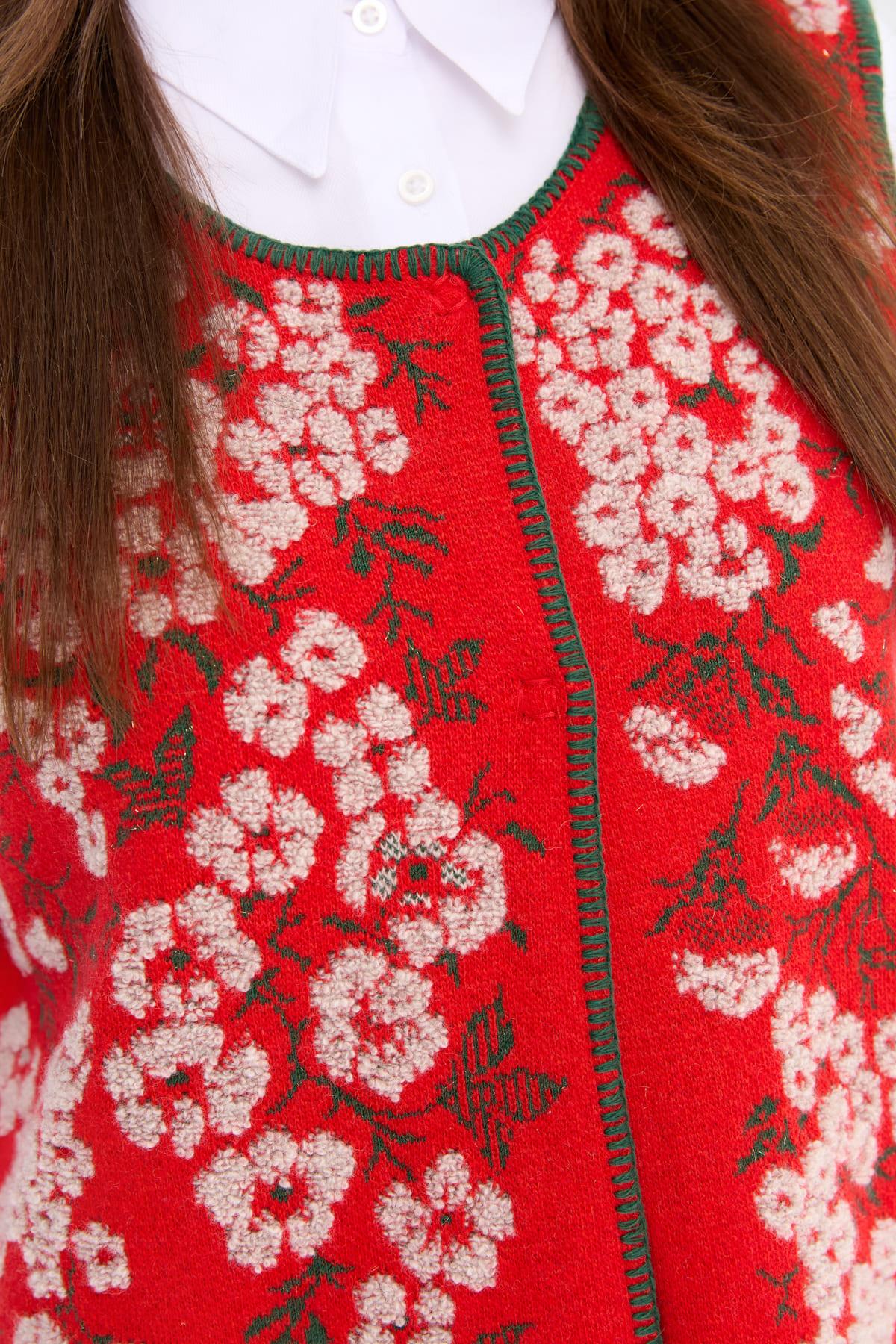 24117Kadın Sıfır Yaka Pıtırcık Çiçekli Yün Yelek Mercan