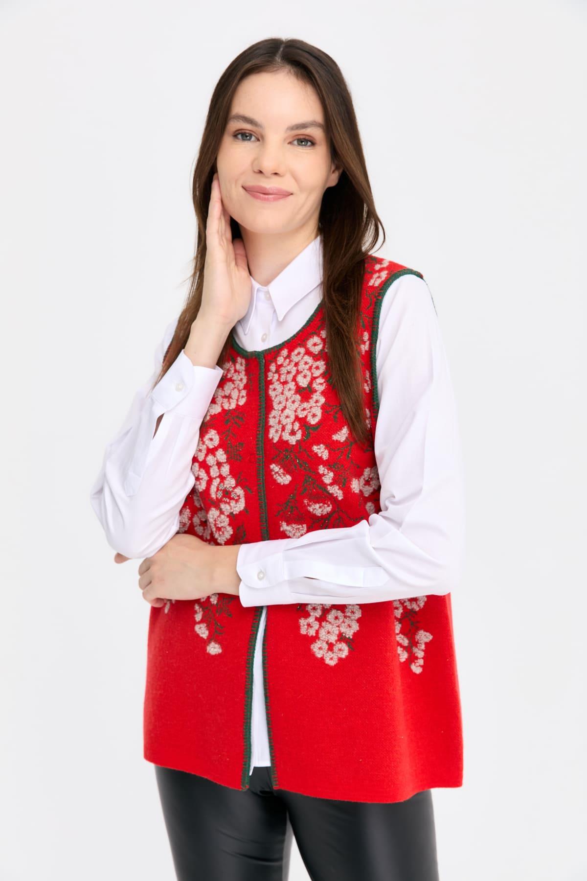 24117Kadın Sıfır Yaka Pıtırcık Çiçekli Yün Yelek Mercan