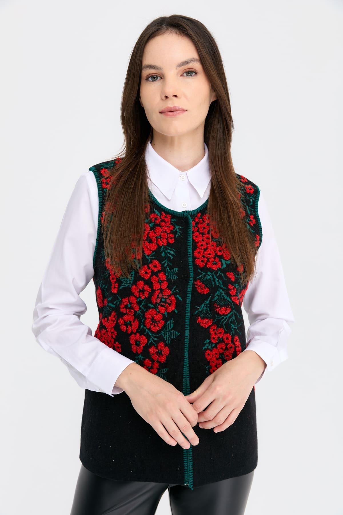 24117Kadın Sıfır Yaka Pıtırcık Çiçekli Yün Yelek Siyah