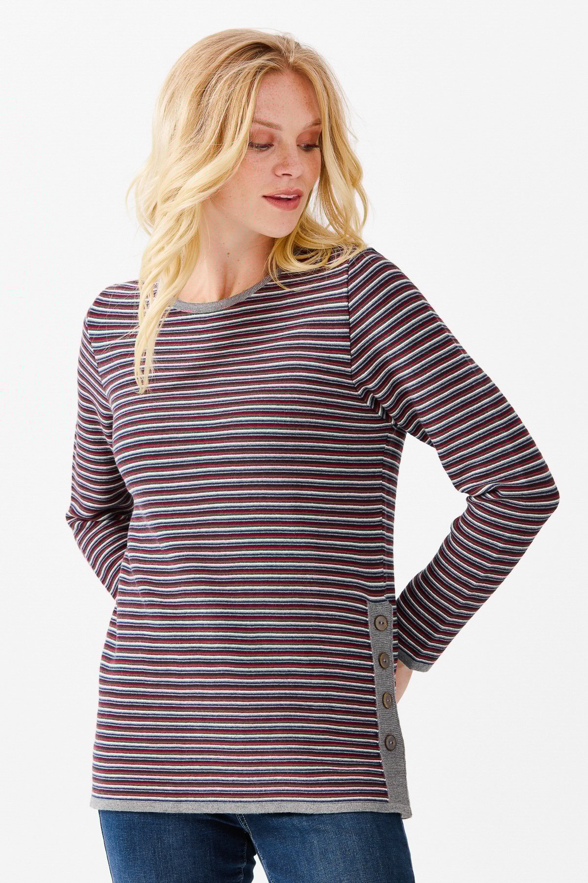 22078Женская туника с круглым вырезом в полоску, с одним боковым разрезом, на пуговицах, серая