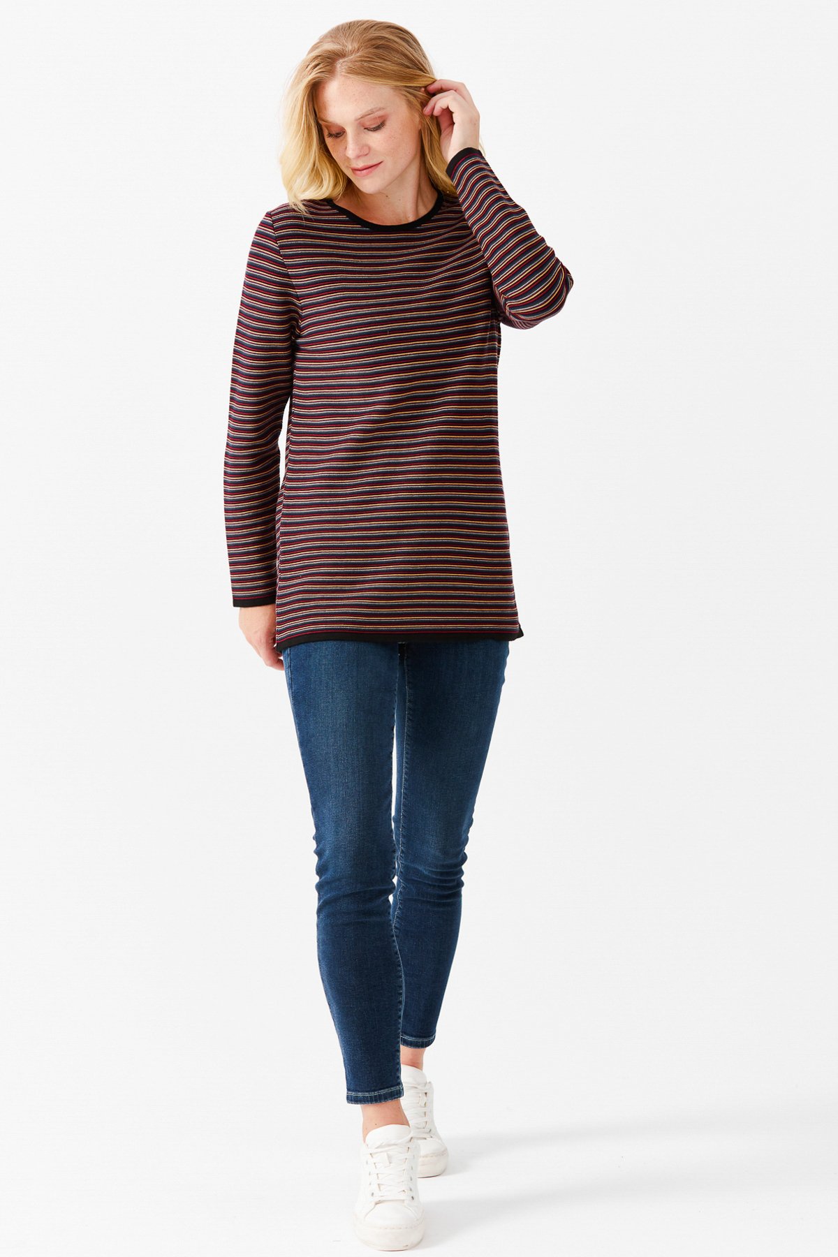 22078Женская туника с круглым вырезом в полоску, с одним боковым разрезом, на пуговицах, черный