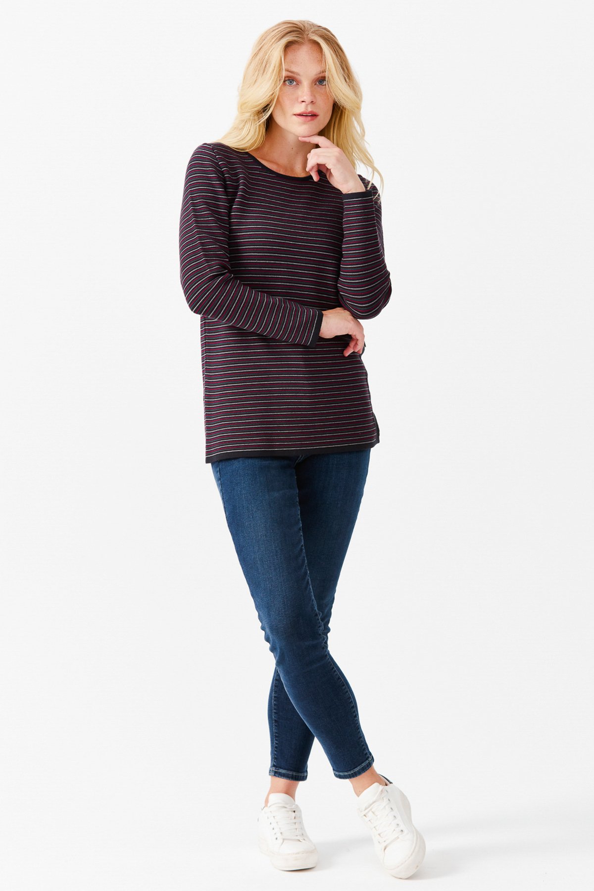 22078Женская туника с круглым вырезом в полоску, с одним боковым разрезом, на пуговицах, синий