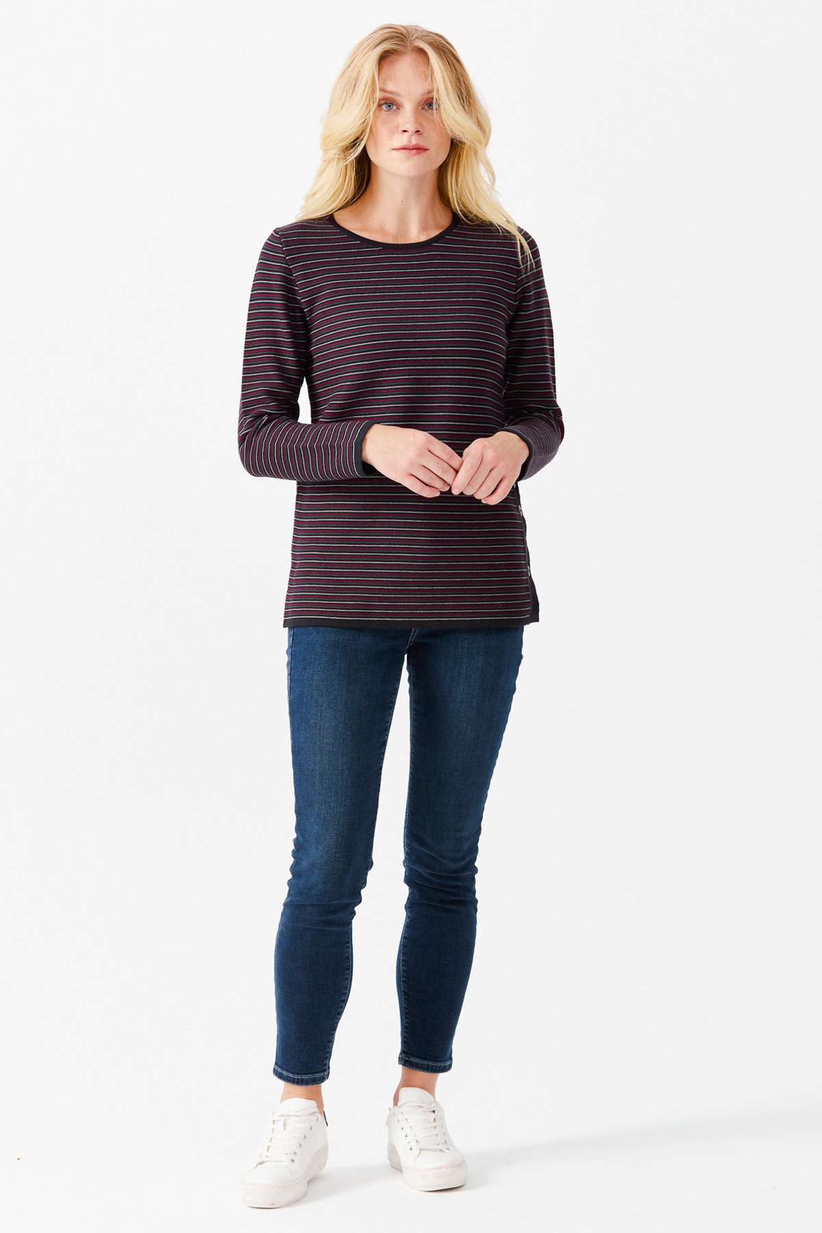 22078Женская туника с круглым вырезом в полоску, с одним боковым разрезом, на пуговицах, синий