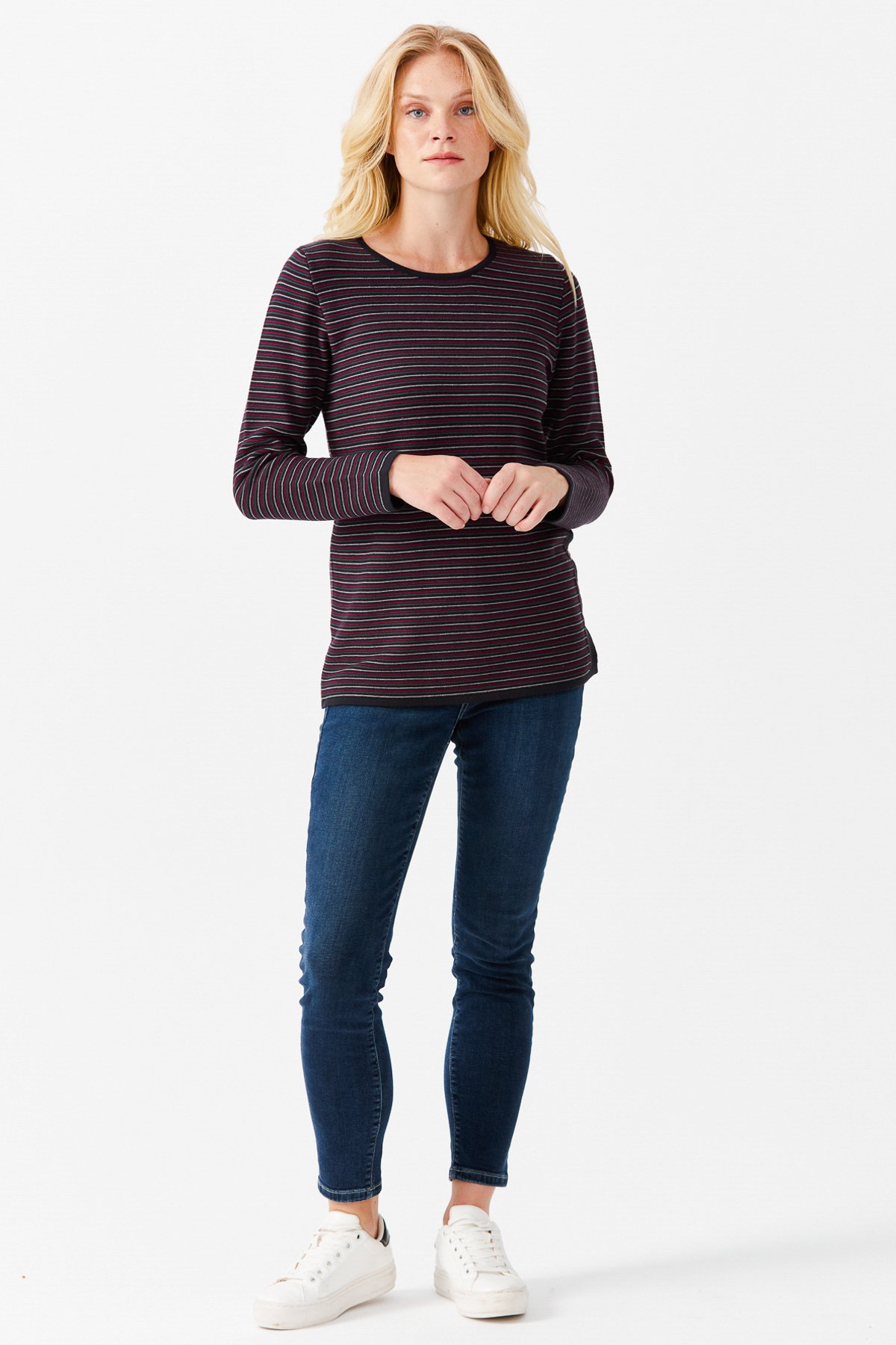 22078Женская туника с круглым вырезом в полоску, с одним боковым разрезом, на пуговицах, синий