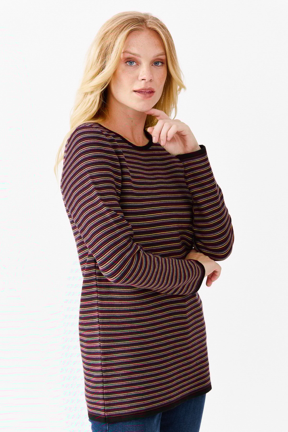 22078Женская туника с круглым вырезом в полоску, с одним боковым разрезом, на пуговицах, черный