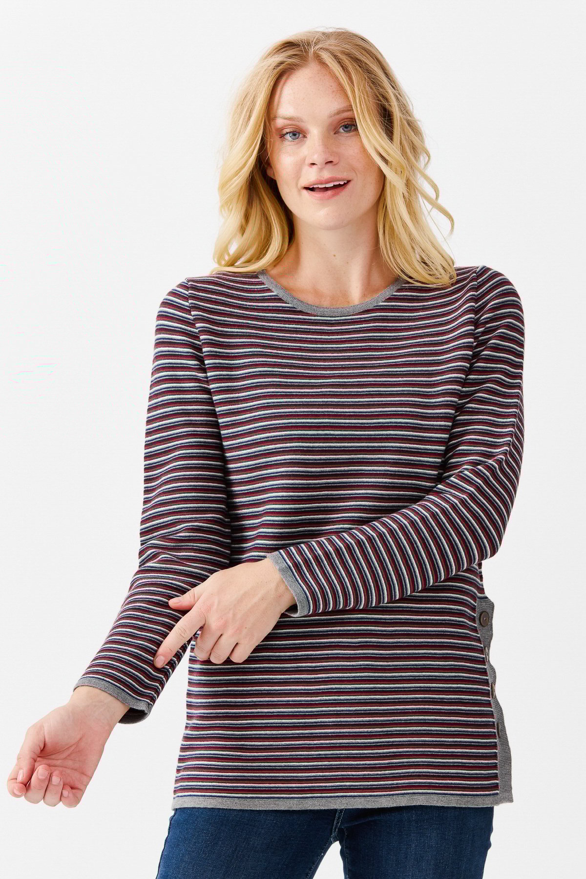 22078Женская туника с круглым вырезом в полоску, с одним боковым разрезом, на пуговицах, серая