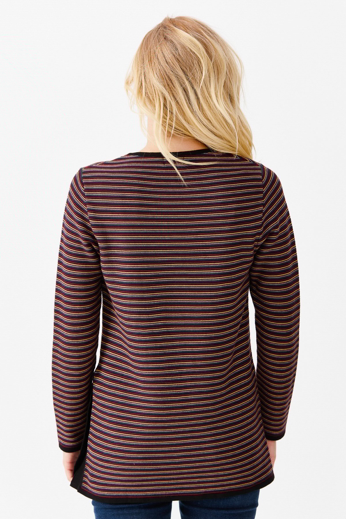 22078Женская туника с круглым вырезом в полоску, с одним боковым разрезом, на пуговицах, черный