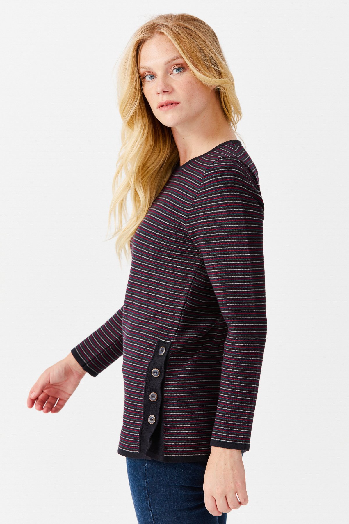 22078Женская туника с круглым вырезом в полоску, с одним боковым разрезом, на пуговицах, синий