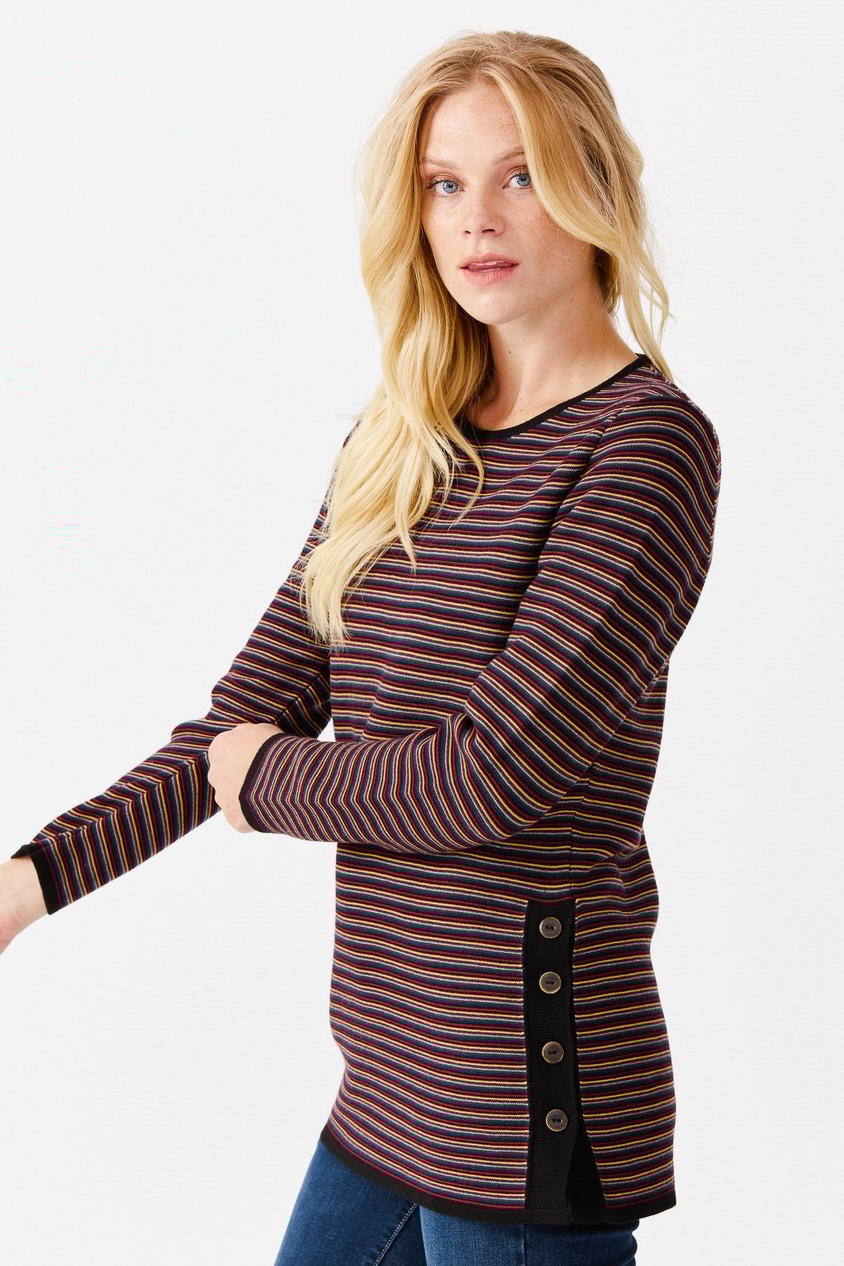 22078Женская туника с круглым вырезом в полоску, с одним боковым разрезом, на пуговицах, черный