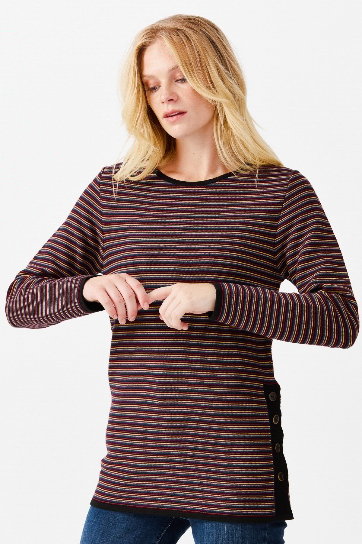 22078Женская туника с круглым вырезом в полоску, с одним боковым разрезом, на пуговицах, черный
