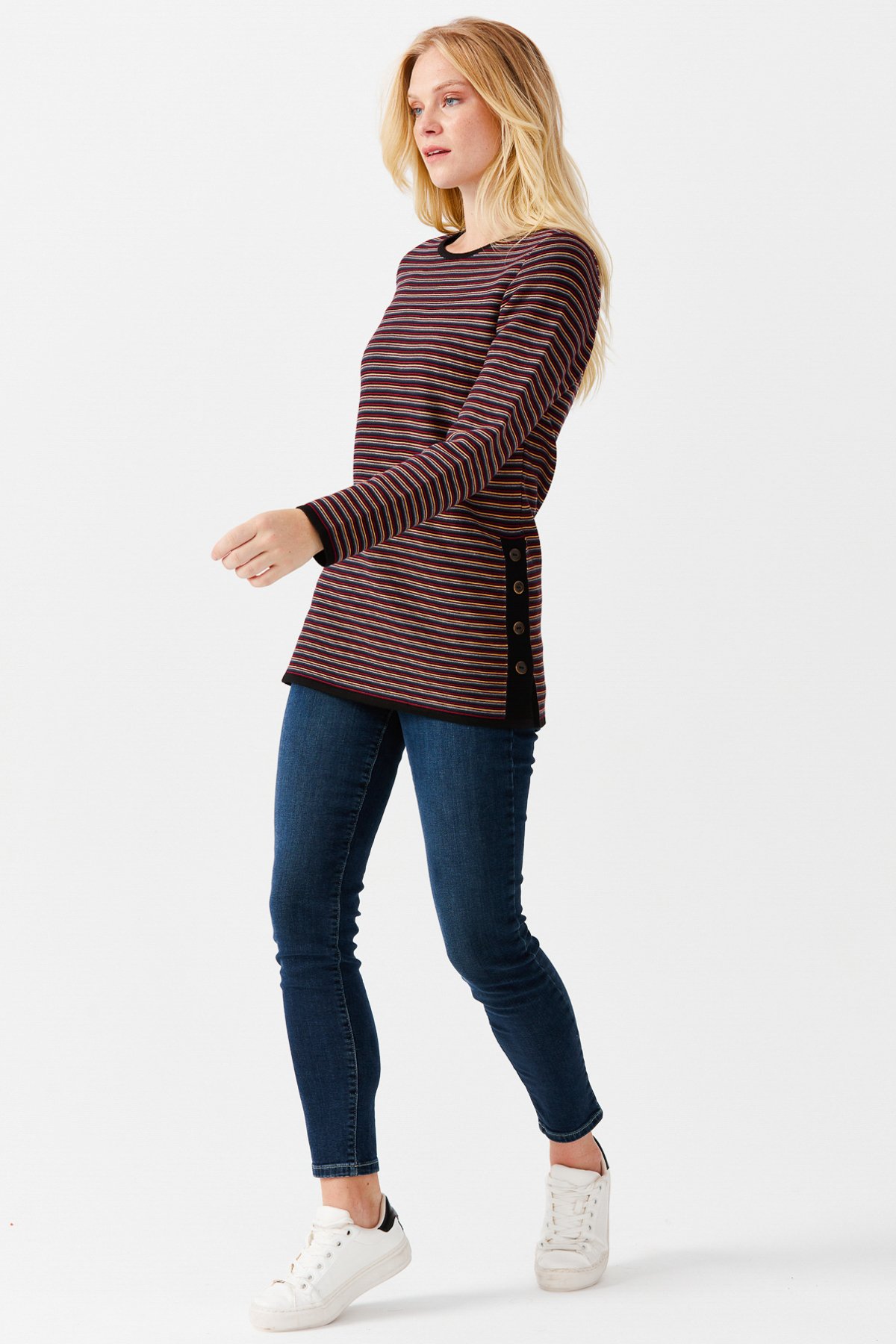 22078Женская туника с круглым вырезом в полоску, с одним боковым разрезом, на пуговицах, черный