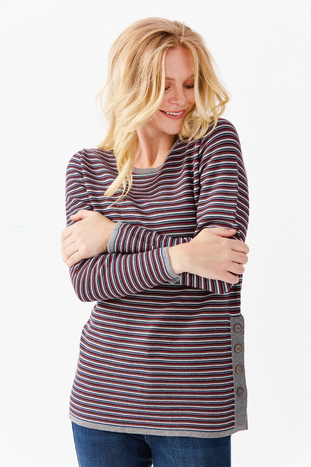 22078Женская туника с круглым вырезом в полоску, с одним боковым разрезом, на пуговицах, серая