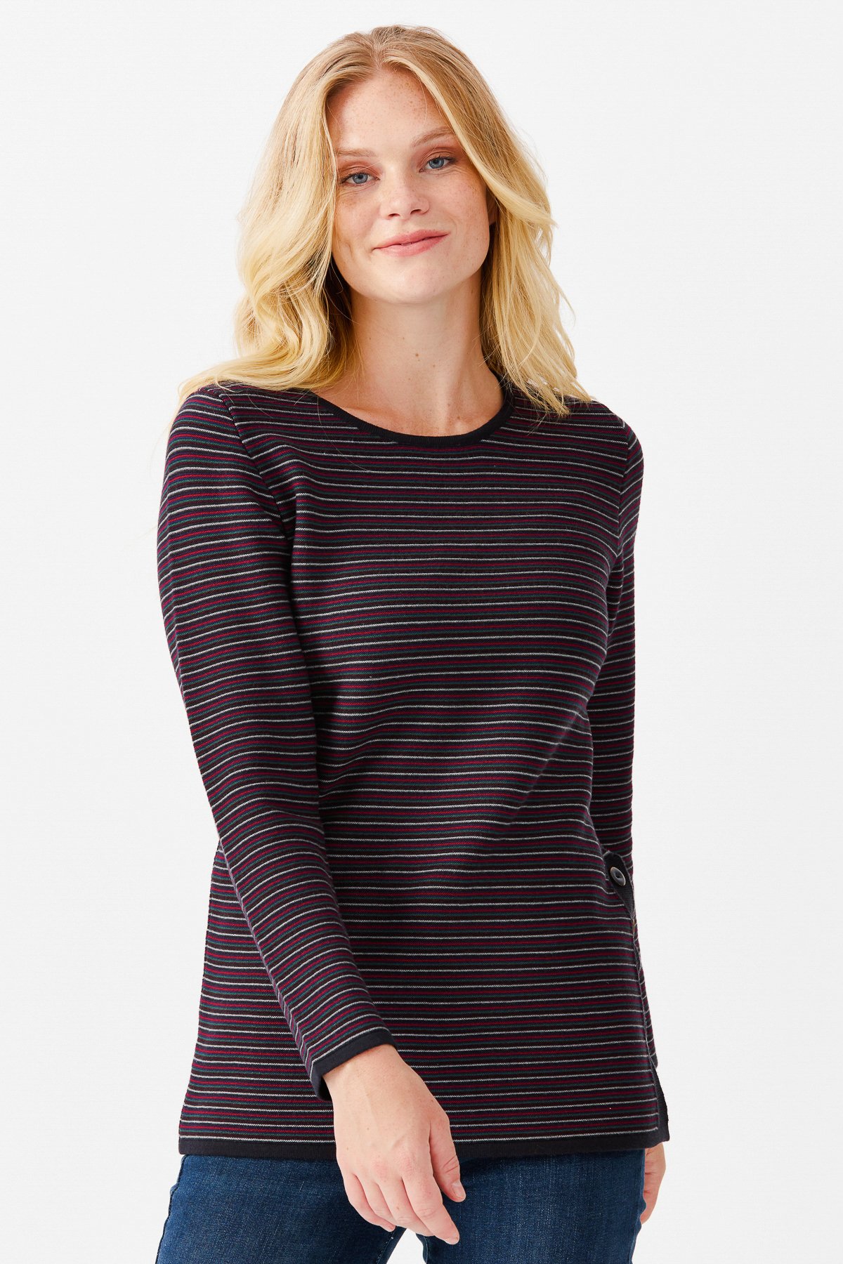 22078Женская туника с круглым вырезом в полоску, с одним боковым разрезом, на пуговицах, синий