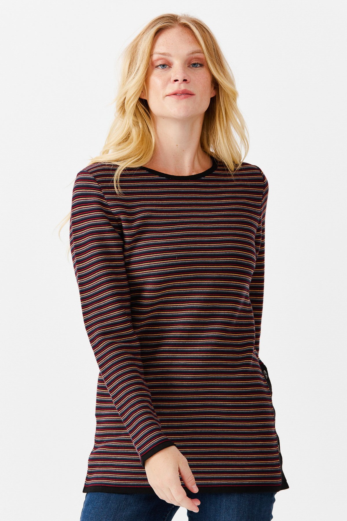 22078Женская туника с круглым вырезом в полоску, с одним боковым разрезом, на пуговицах, черный