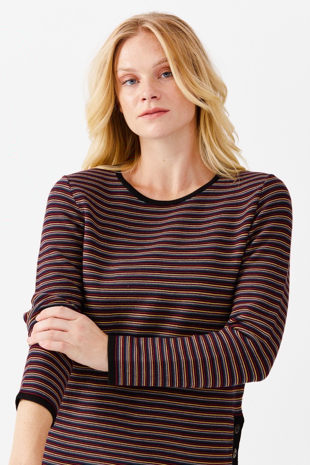 22078Женская туника с круглым вырезом в полоску, с одним боковым разрезом, на пуговицах, черный