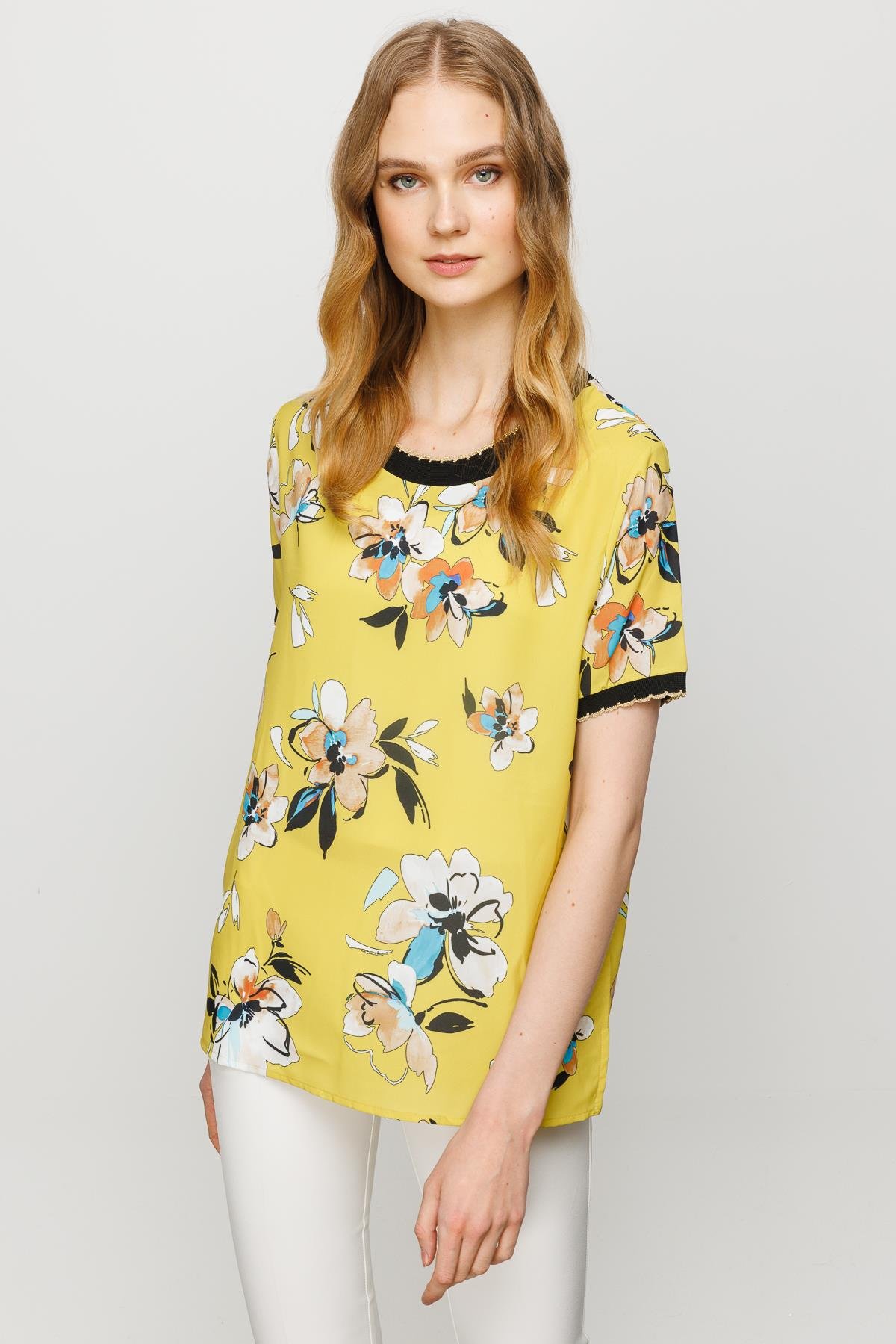 23473Kadın Sıfır Yaka Renkli Desenli Penye T-shirt Sarı