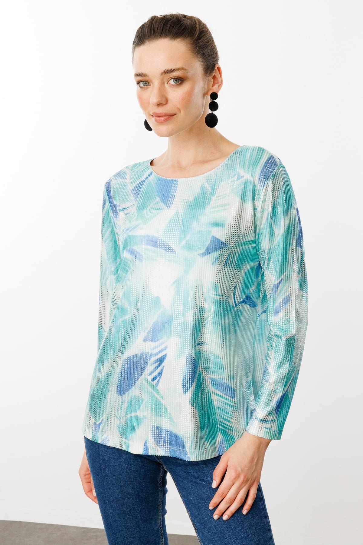 25879Kadın Sıfır Yaka Renkli Yaprak Desenli Bluz A.Yeşil