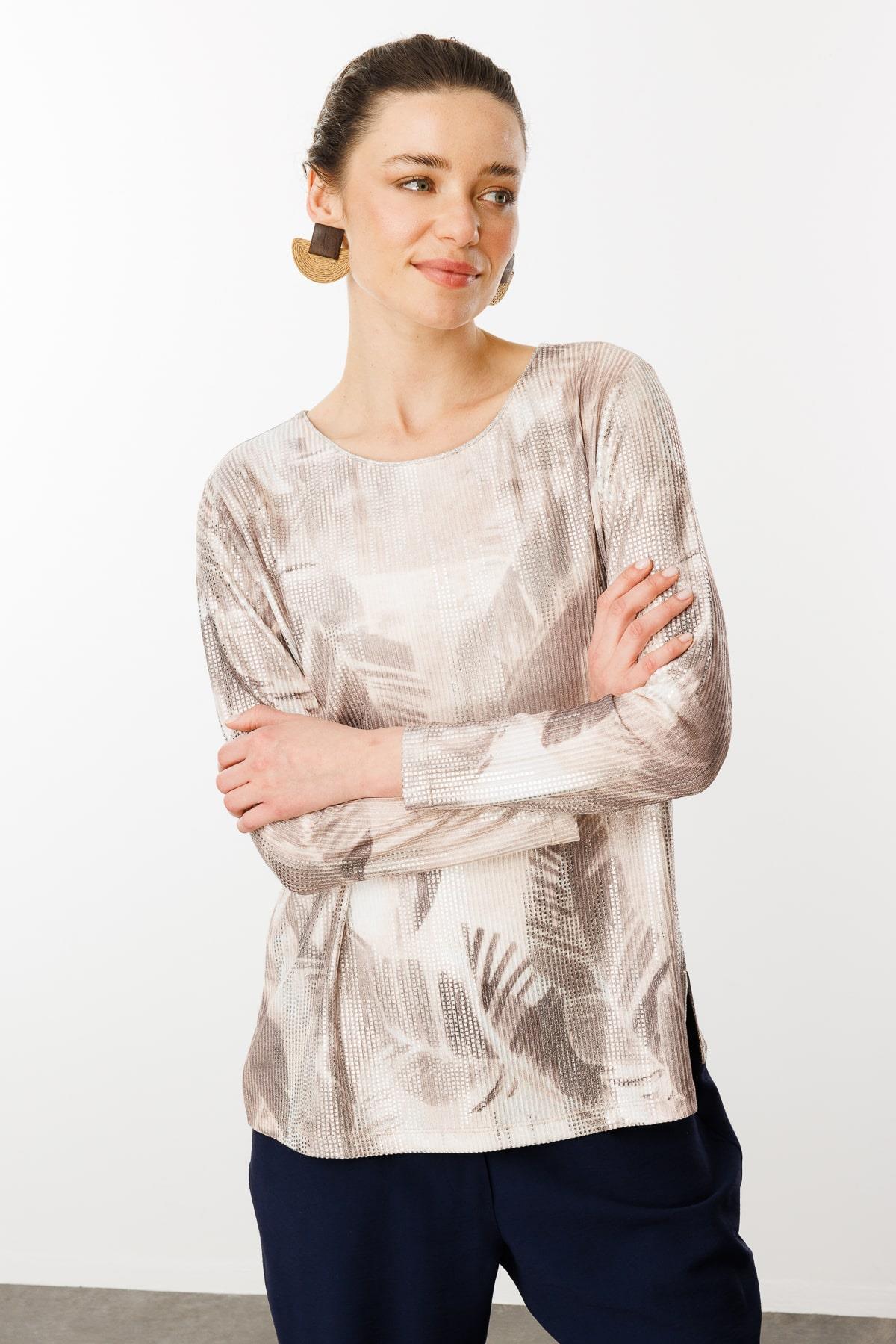 25879Kadın Sıfır Yaka Renkli Yaprak Desenli Bluz Vizon