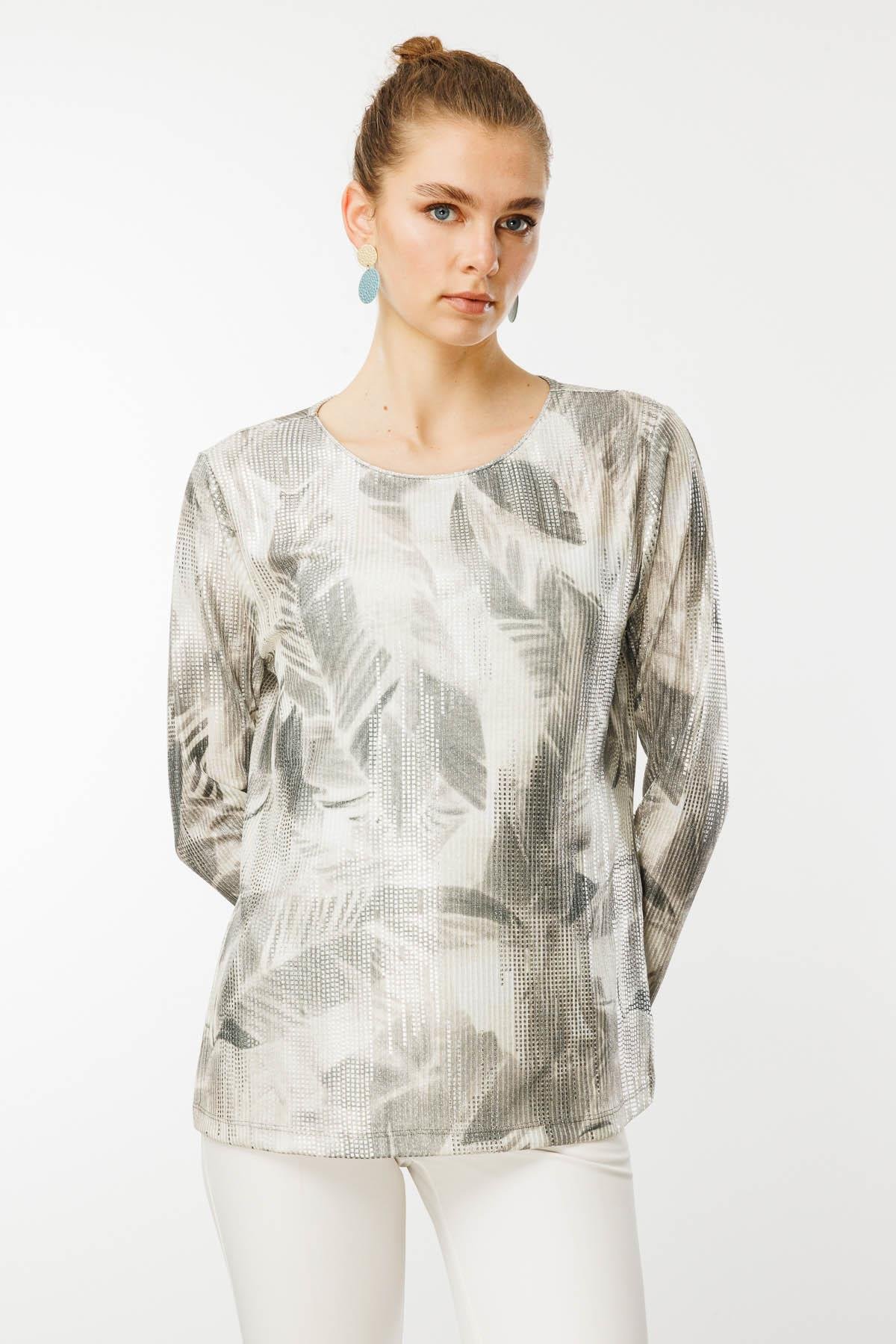 25879Kadın Sıfır Yaka Renkli Yaprak Desenli Bluz Haki