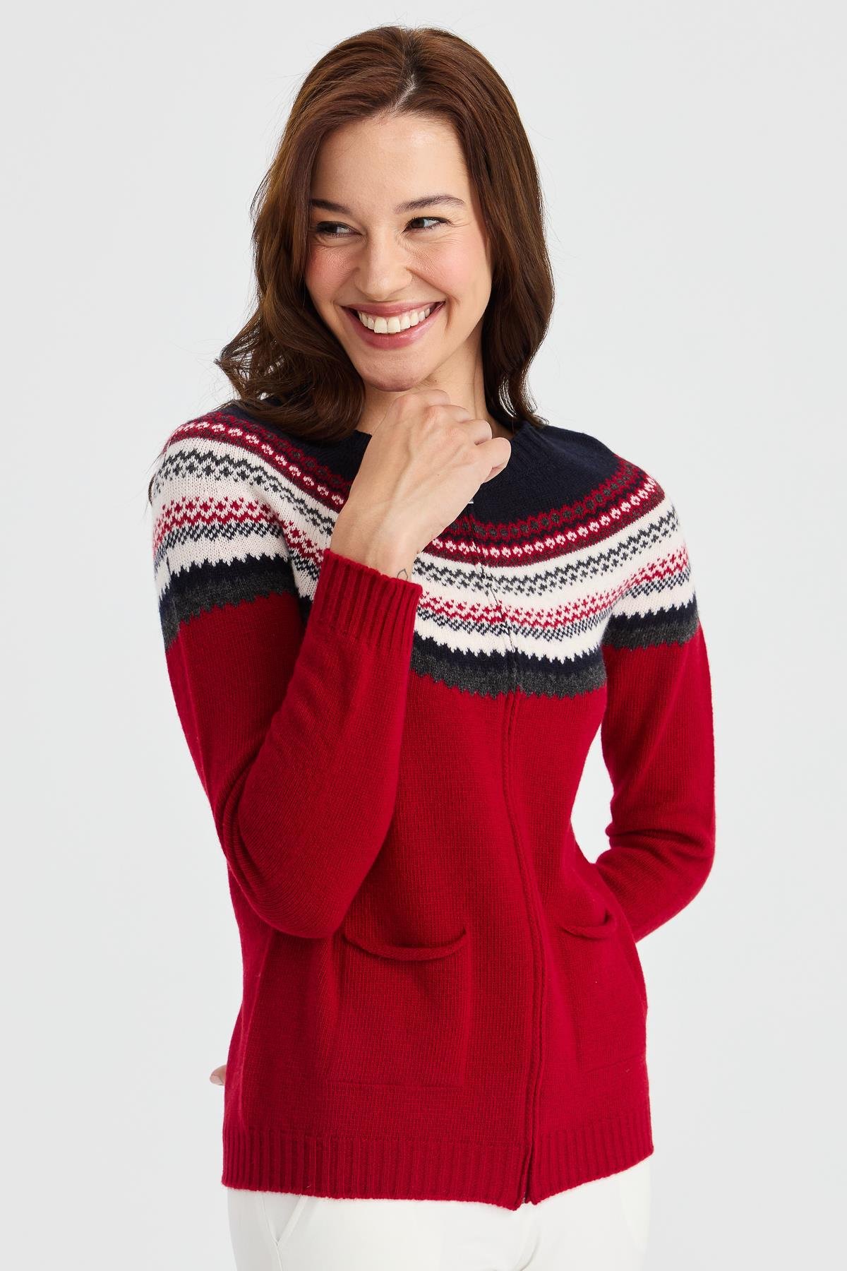 23088Kadın Sıfır Yaka Robası Jakarlı Yün Hırka K.Kırmızı