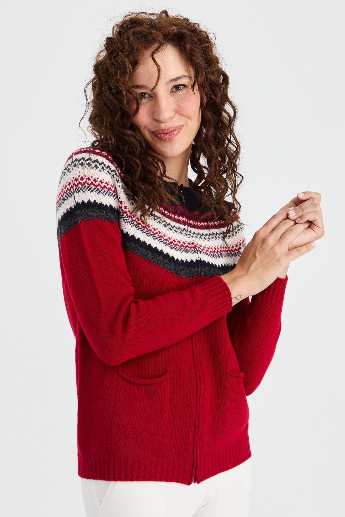 23088Kadın Sıfır Yaka Robası Jakarlı Yün Hırka K.Kırmızı