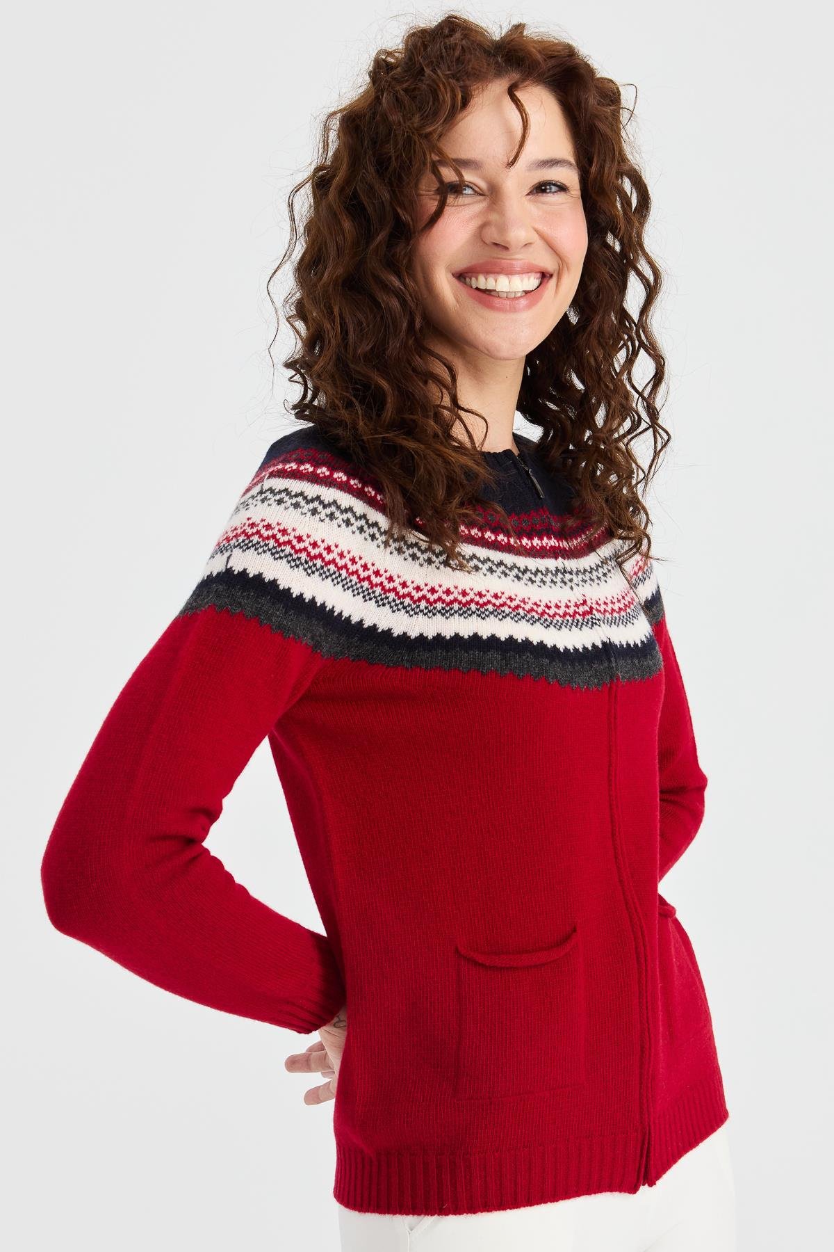 23088Kadın Sıfır Yaka Robası Jakarlı Yün Hırka K.Kırmızı