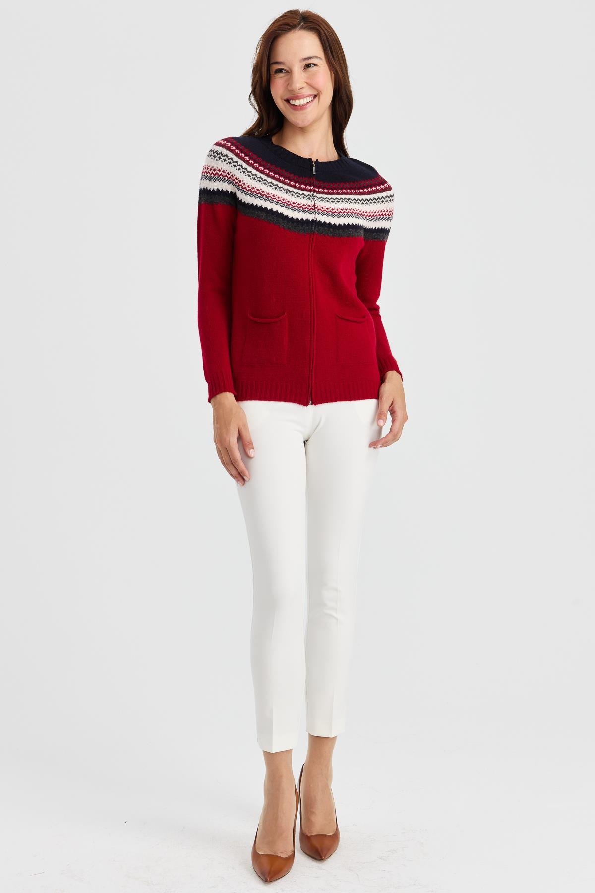 23088Kadın Sıfır Yaka Robası Jakarlı Yün Hırka K.Kırmızı