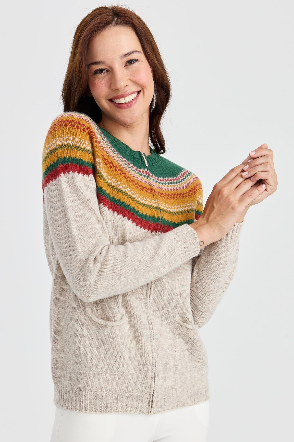 23088Kadın Sıfır Yaka Robası Jakarlı Yün Hırka V.Bej