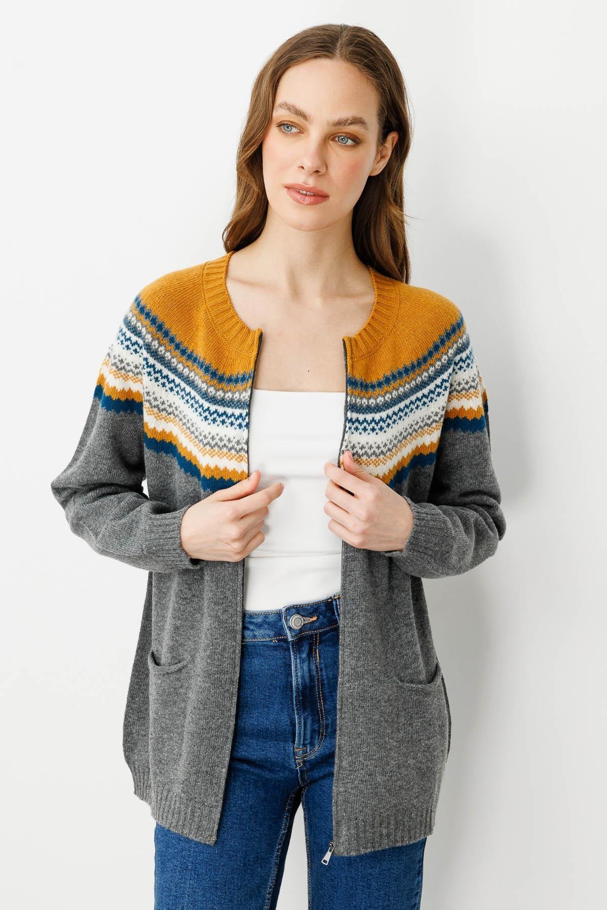 23088Kadın Sıfır Yaka Robası Jakarlı Yün Hırka Füme