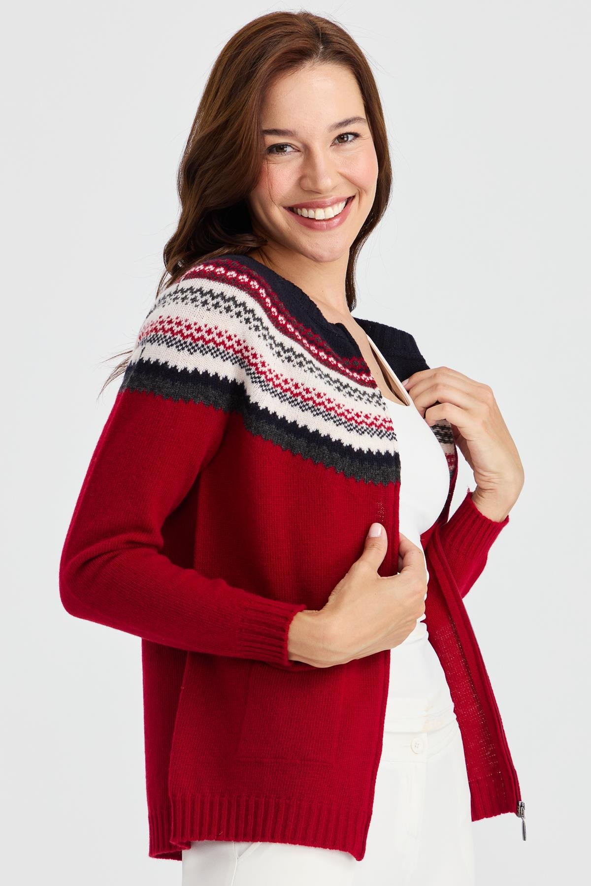 23088Kadın Sıfır Yaka Robası Jakarlı Yün Hırka K.Kırmızı