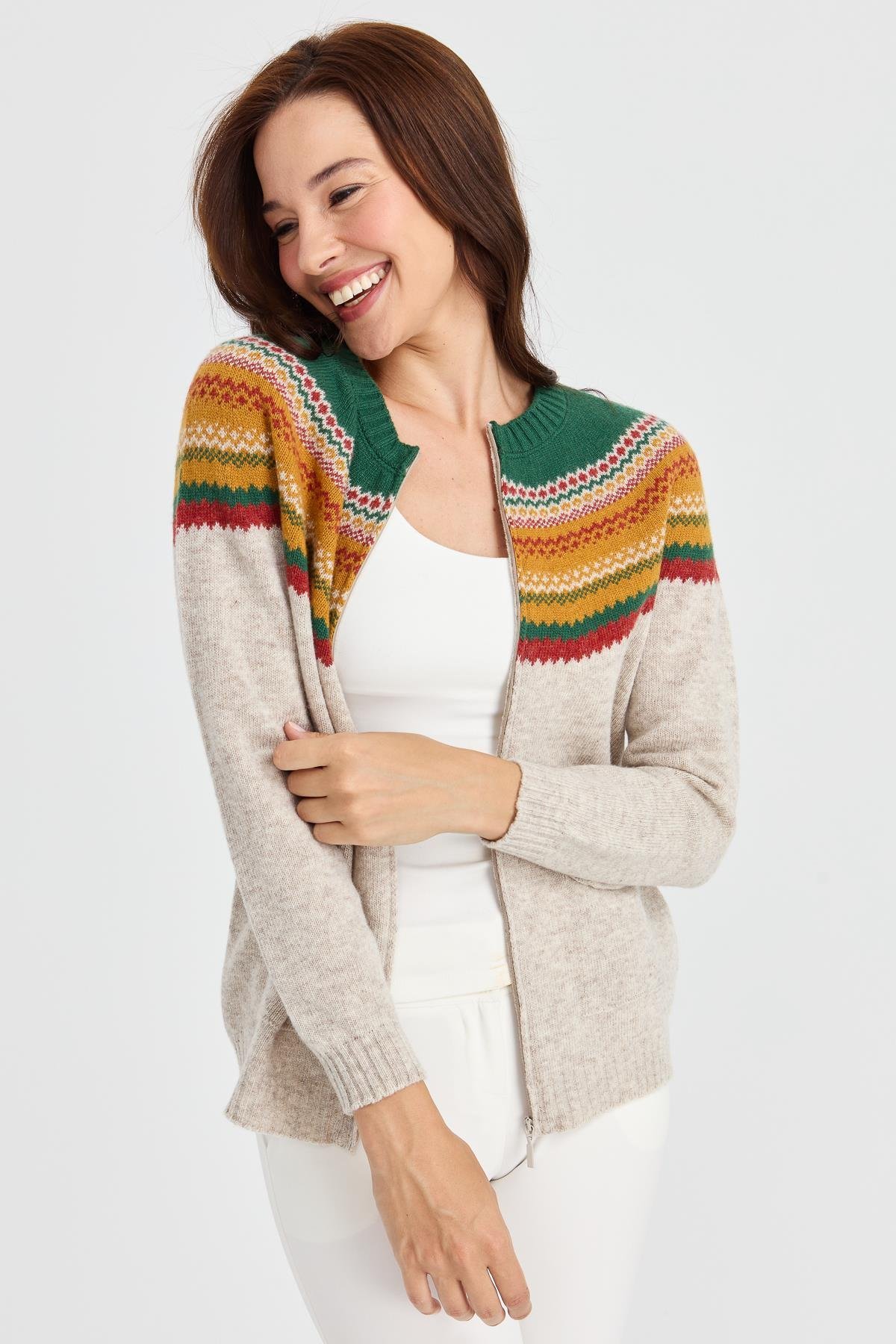 23088Kadın Sıfır Yaka Robası Jakarlı Yün Hırka V.Bej