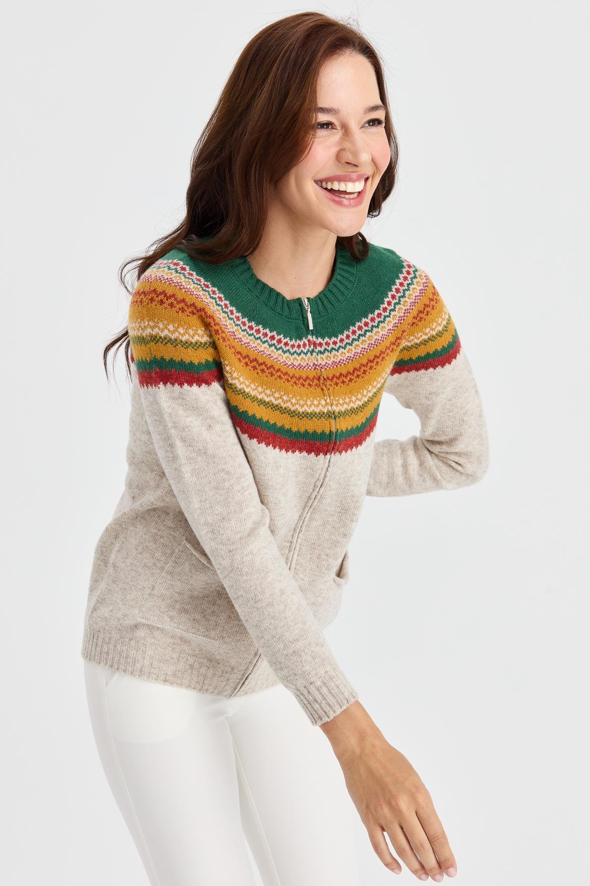 23088Kadın Sıfır Yaka Robası Jakarlı Yün Hırka V.Bej