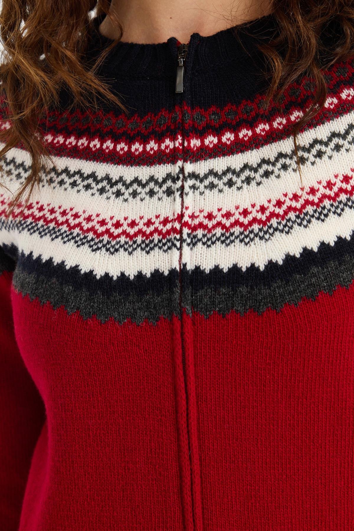 23088Kadın Sıfır Yaka Robası Jakarlı Yün Hırka K.Kırmızı