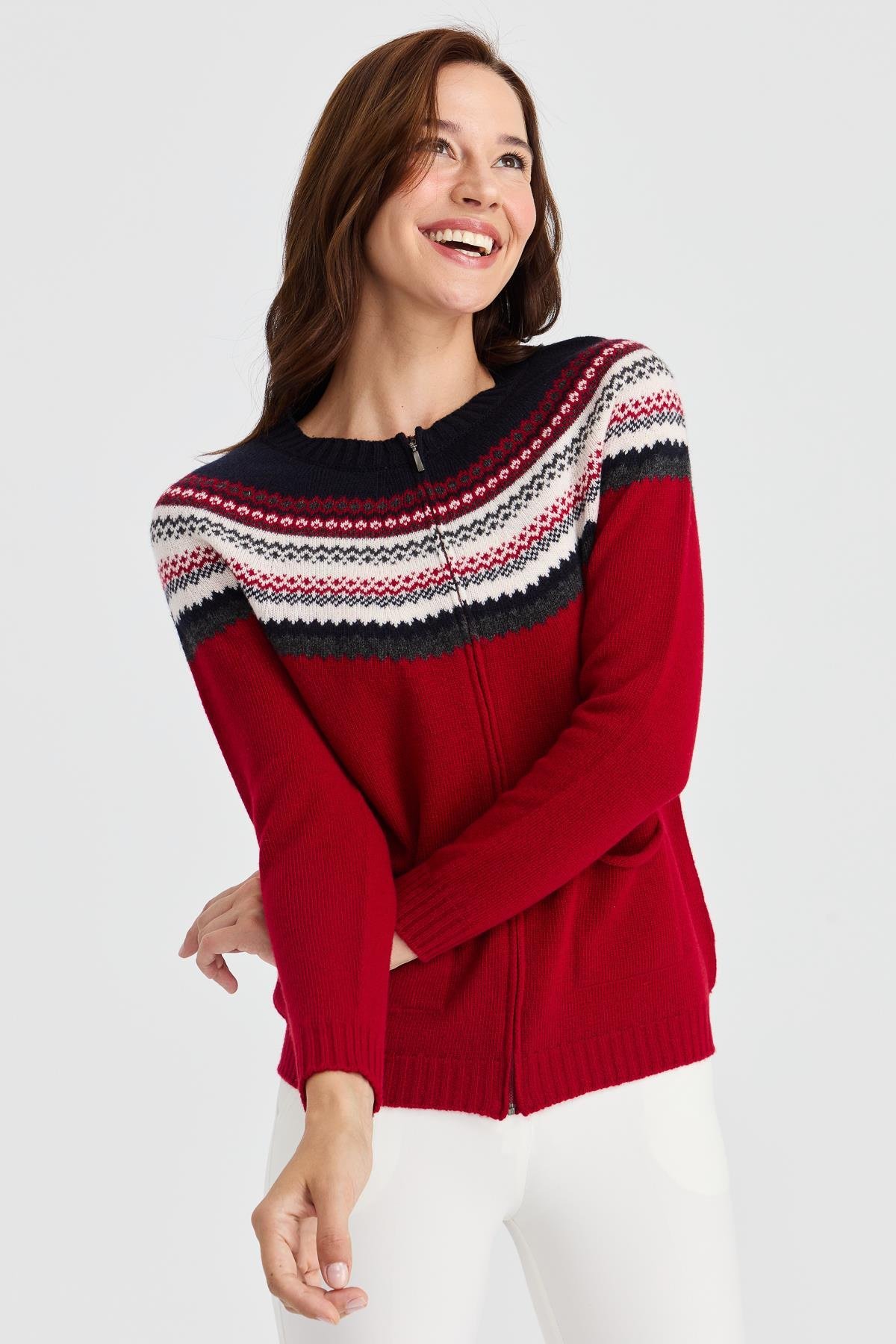 23088Kadın Sıfır Yaka Robası Jakarlı Yün Hırka K.Kırmızı