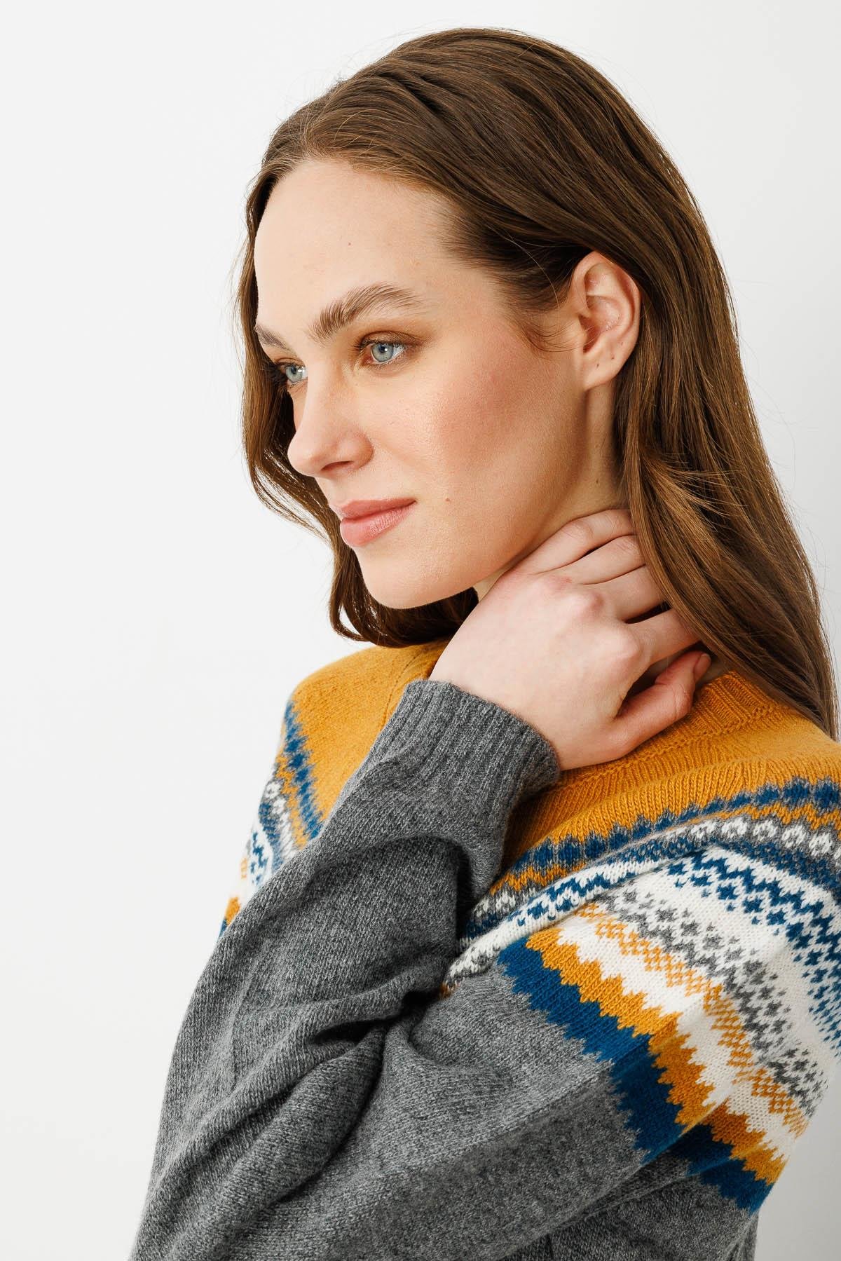 23088Kadın Sıfır Yaka Robası Jakarlı Yün Hırka Füme