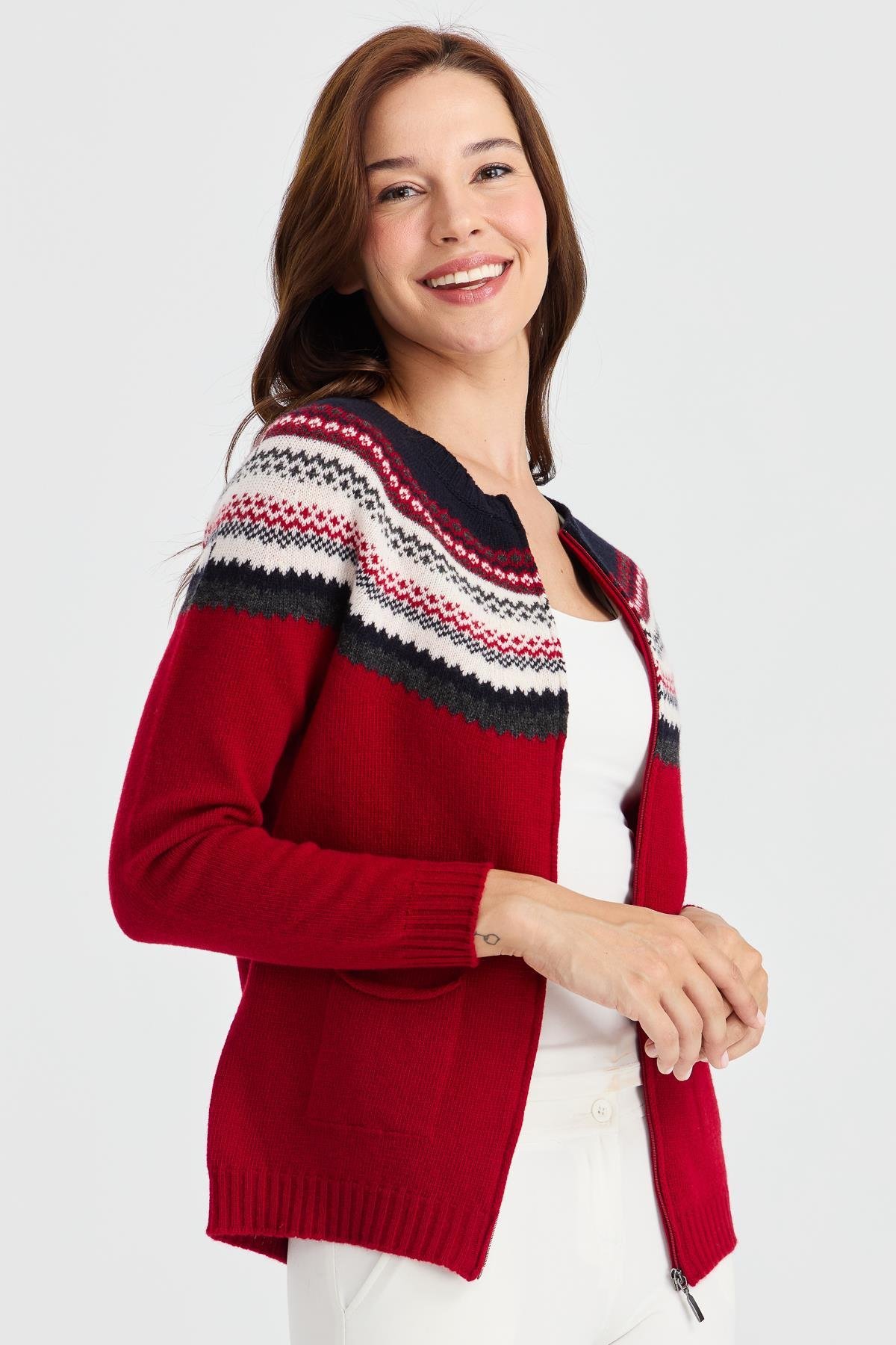 23088Kadın Sıfır Yaka Robası Jakarlı Yün Hırka K.Kırmızı