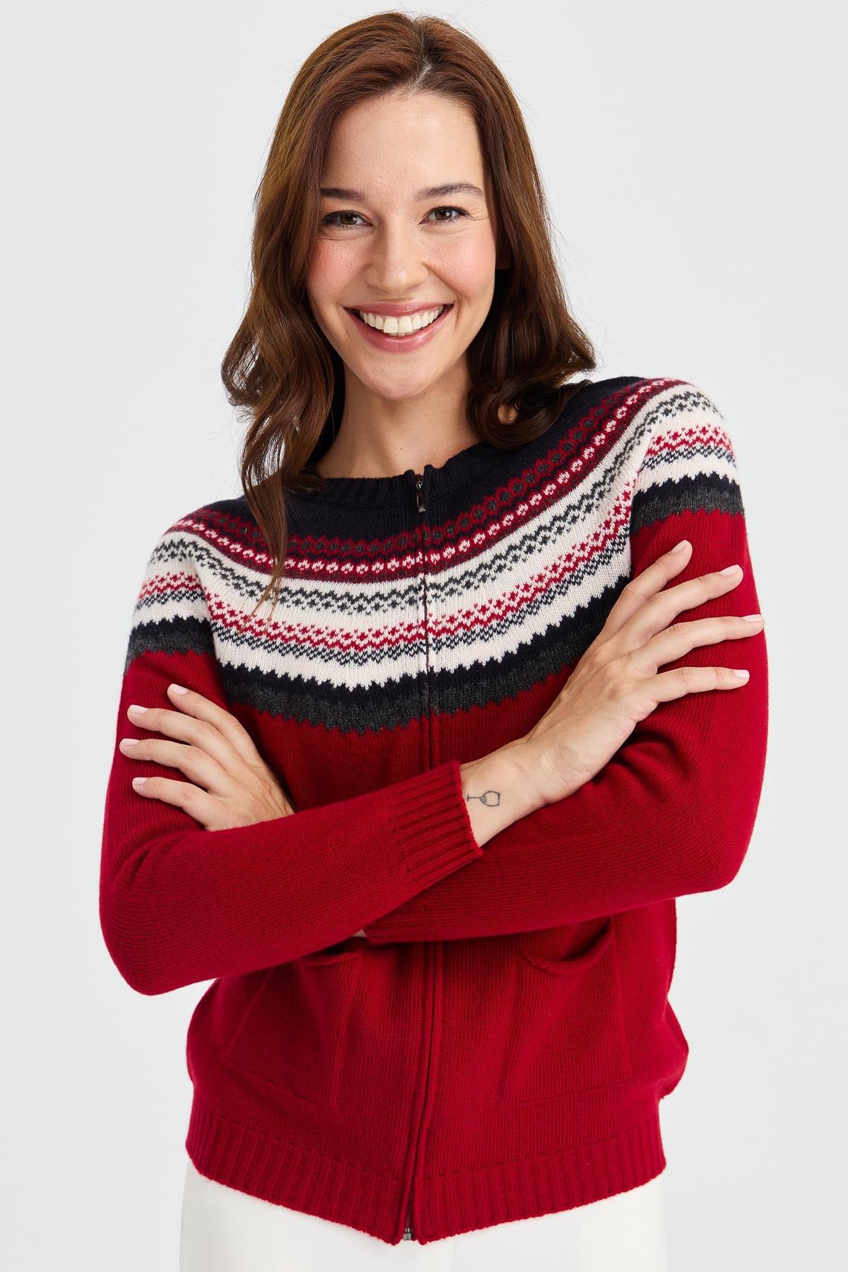 23088Kadın Sıfır Yaka Robası Jakarlı Yün Hırka K.Kırmızı