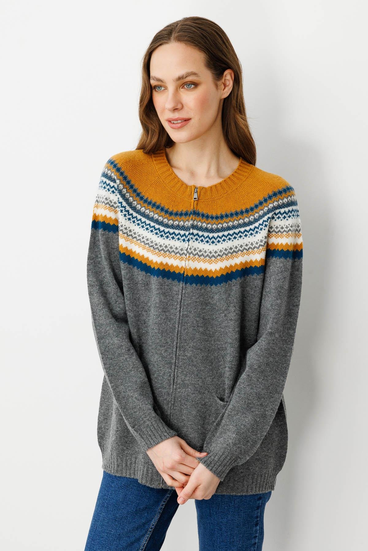 23088Kadın Sıfır Yaka Robası Jakarlı Yün Hırka Füme