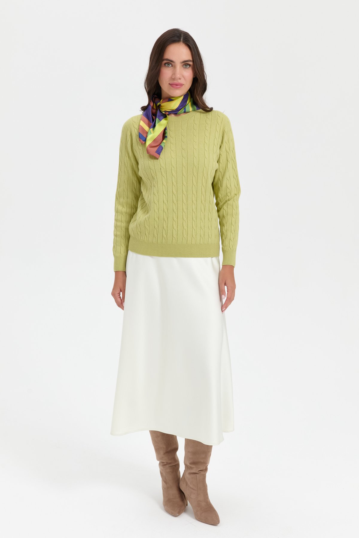 23329Kadın Sıfır Yaka Saç Örgülü Kazak A.Yeşil