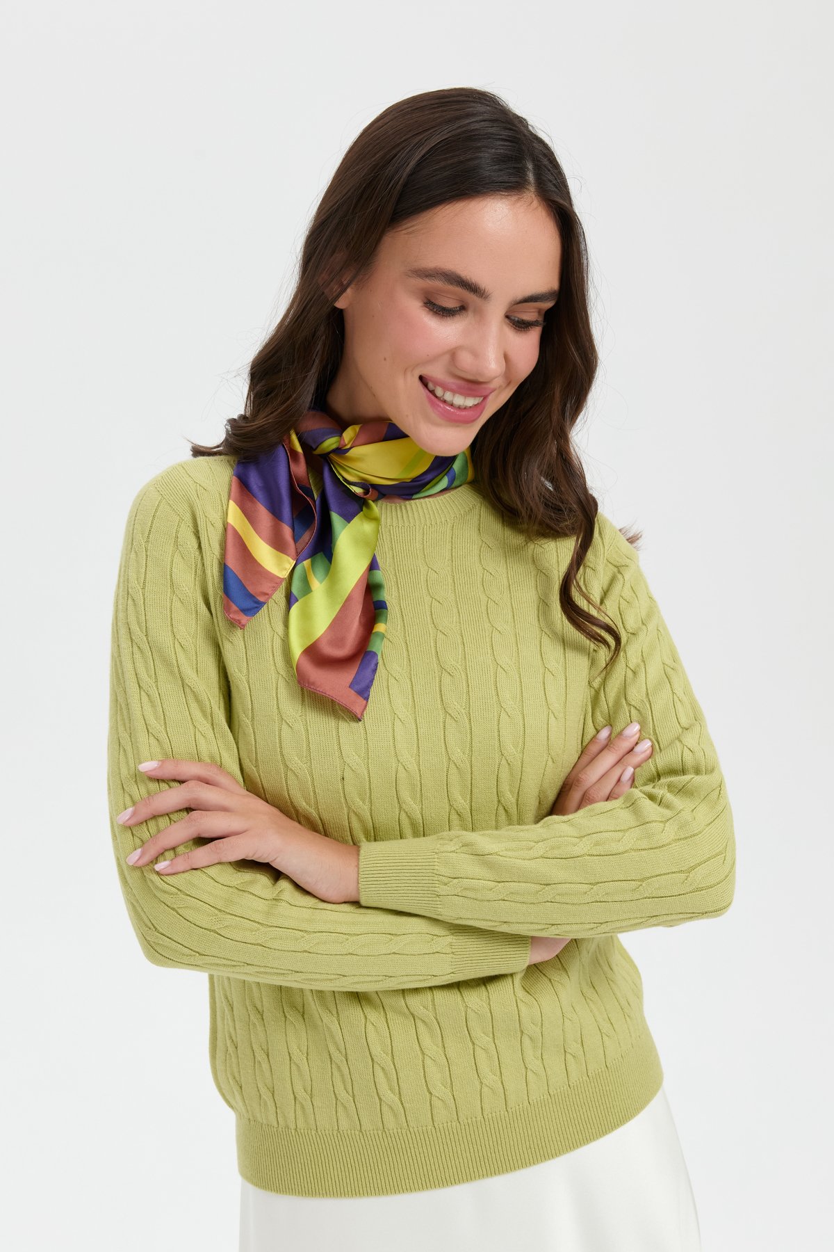 23329Kadın Sıfır Yaka Saç Örgülü Kazak A.Yeşil