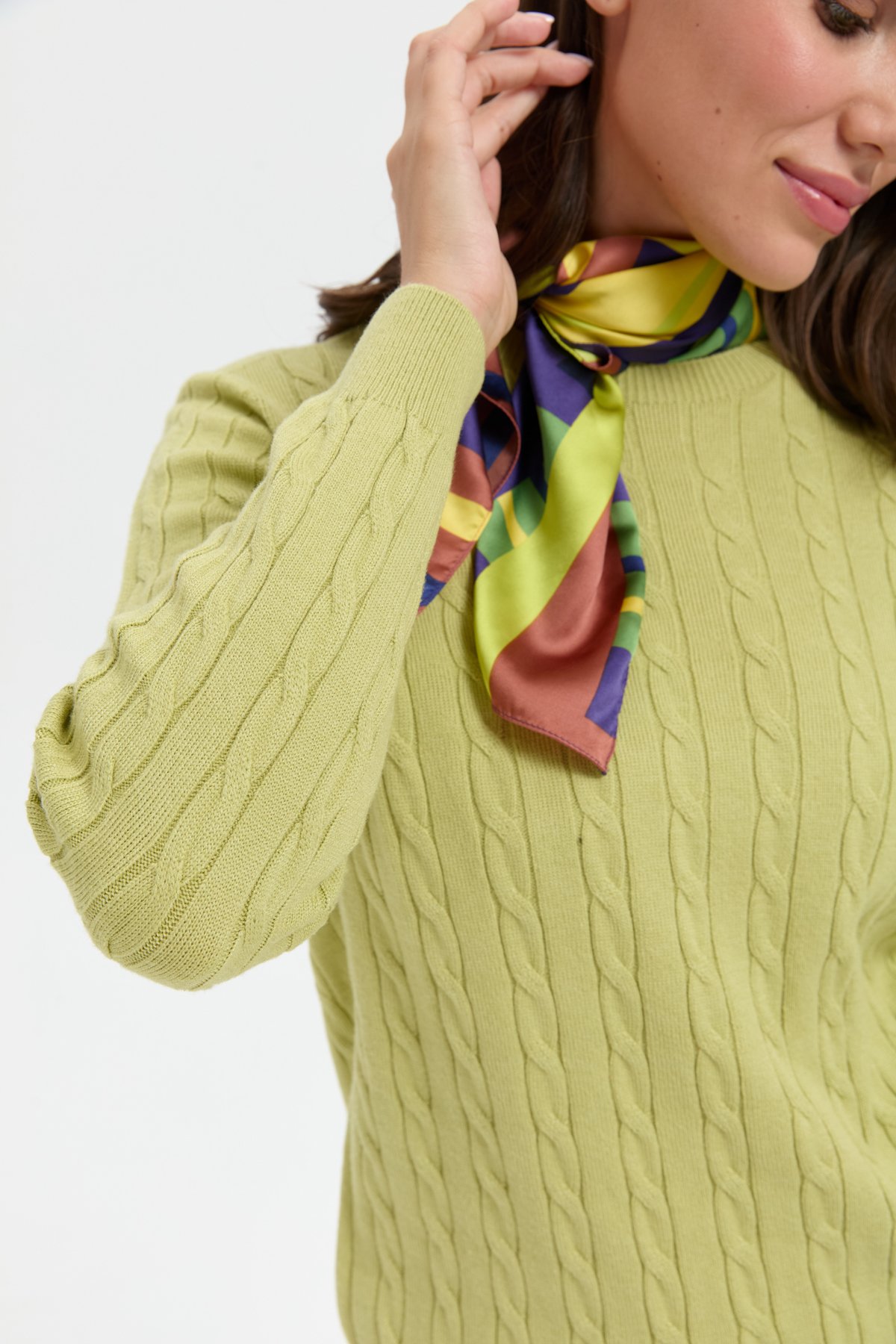 23329Kadın Sıfır Yaka Saç Örgülü Kazak A.Yeşil