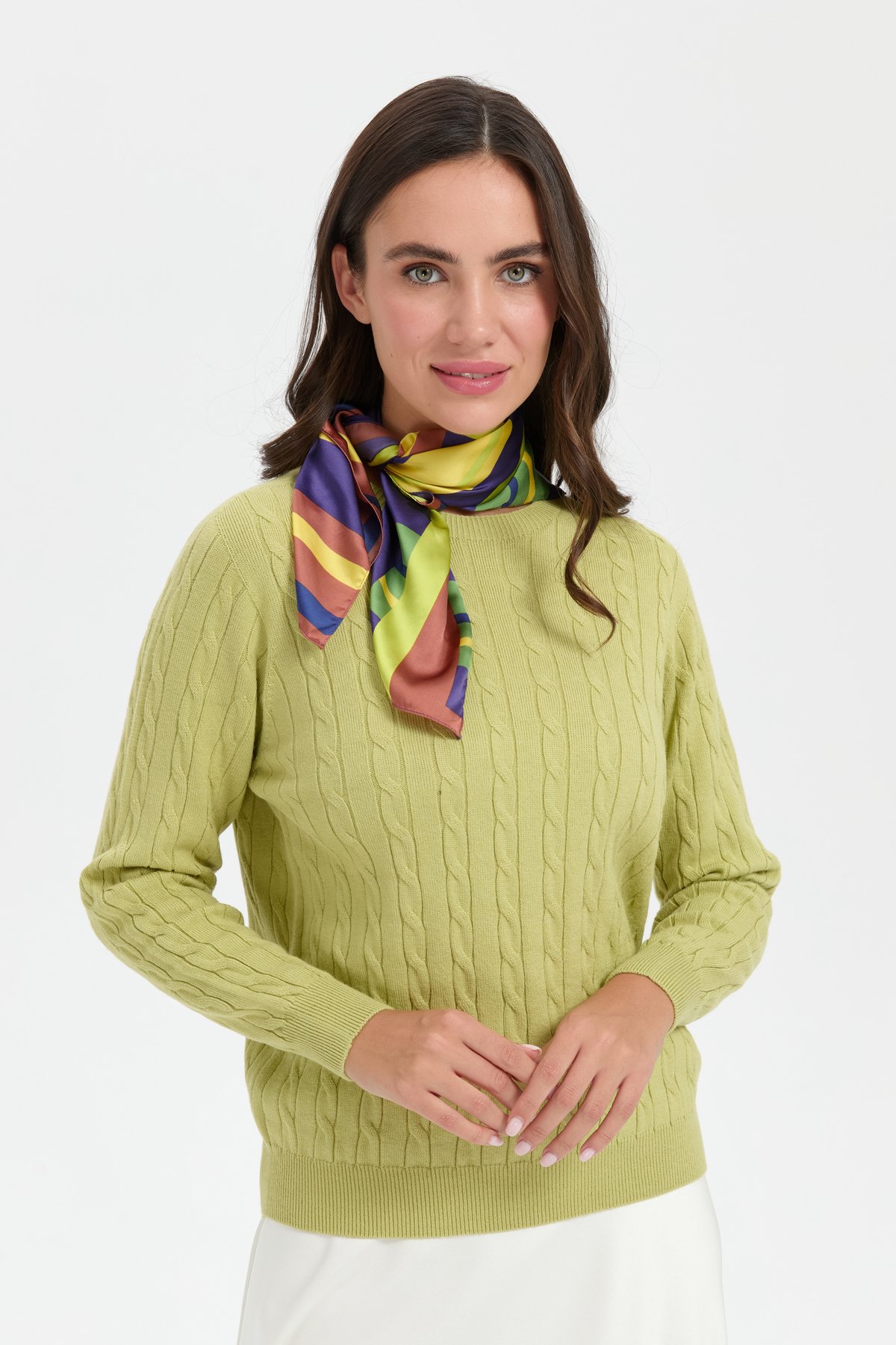 23329Kadın Sıfır Yaka Saç Örgülü Kazak A.Yeşil