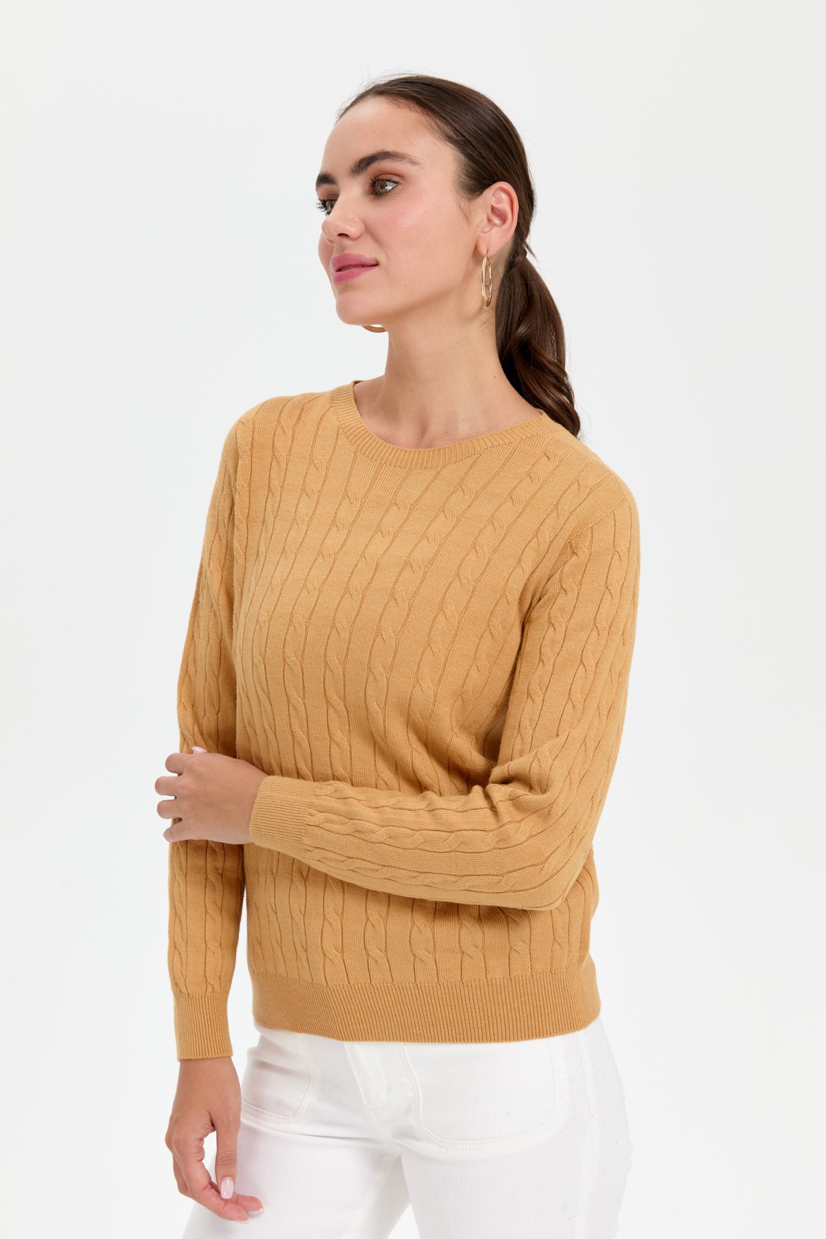 23329Kadın Sıfır Yaka Saç Örgülü Kazak Camel